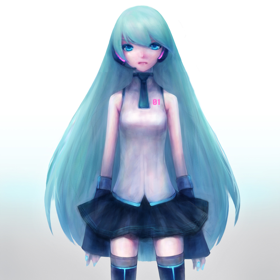 minoru (takahas), minoru (takahasi), hatsune miku, vocaloid, 1girl, aqua eyes, aqua hair, female focus, headphones, headset, long hair, skirt, solo, thighhighs, zettai ryouiki