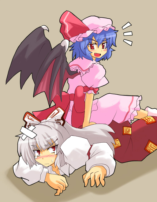 harukatron, fujiwara no mokou, remilia scarlet, touhou, 2girls, bandaid, bat wings, blue eyes, blue hair, blush, bow, fang, female focus, hair bow, hair ribbon, hat, long hair, multiple girls, red eyes, ribbon, suspenders, tears, white hair, wings