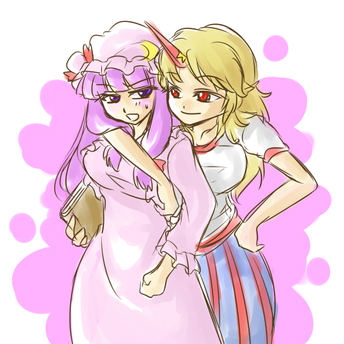 hoshiguma yuugi, patchouli knowledge, touhou, artist request, lowres, 2girls, book, female focus, hat, horns, multiple girls, single horn, sketch