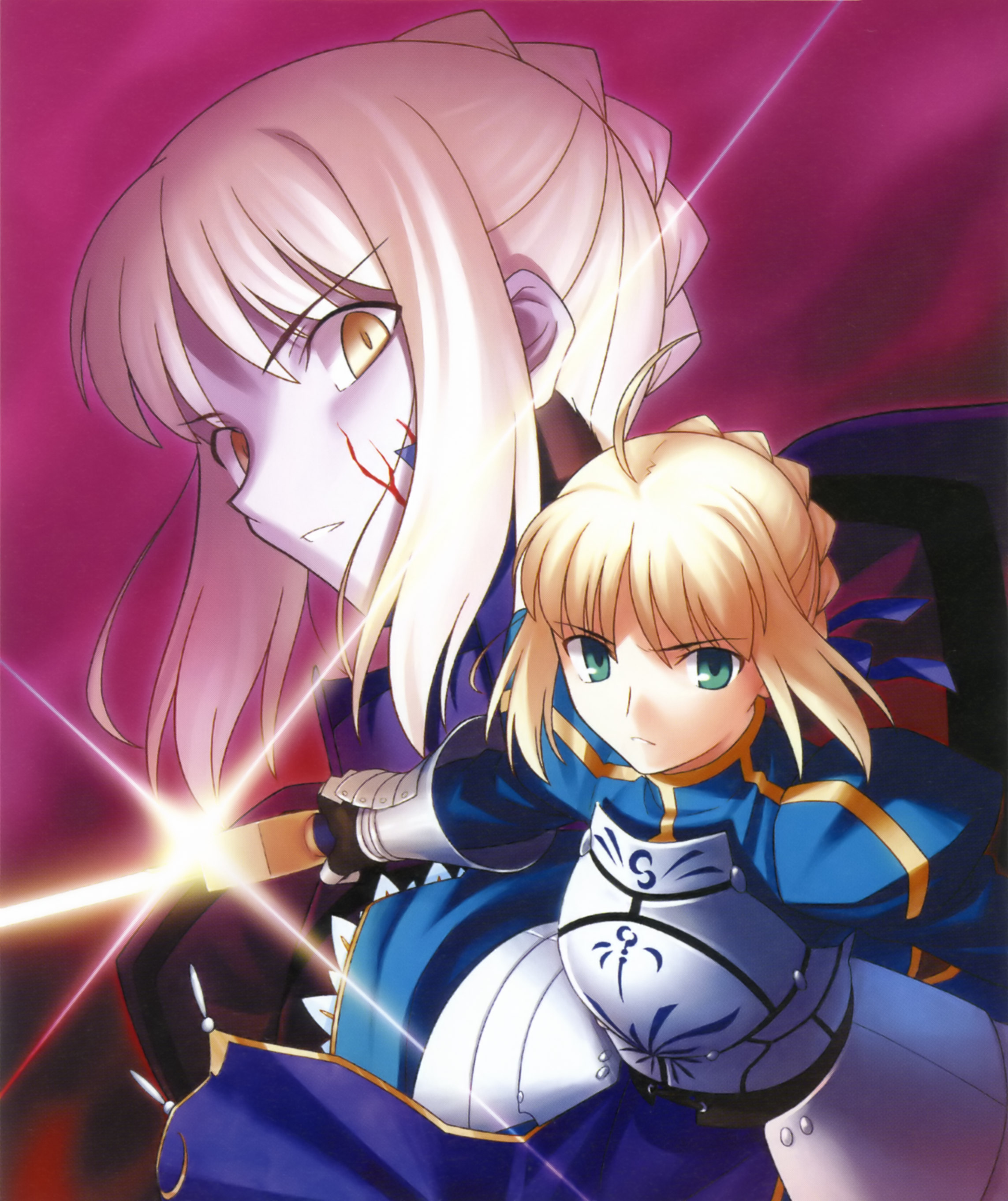 higurashi ryuuji, angra mainyu (fate), artoria pendragon (fate), saber (fate), saber alter, saber alter (second ascension), fate/stay night, fate (series), absurdres, highres, 00s, ahoge, armor, blonde hair, corruption, dark persona, dual persona, green eyes, possessed, possession, sword, weapon, yellow eyes