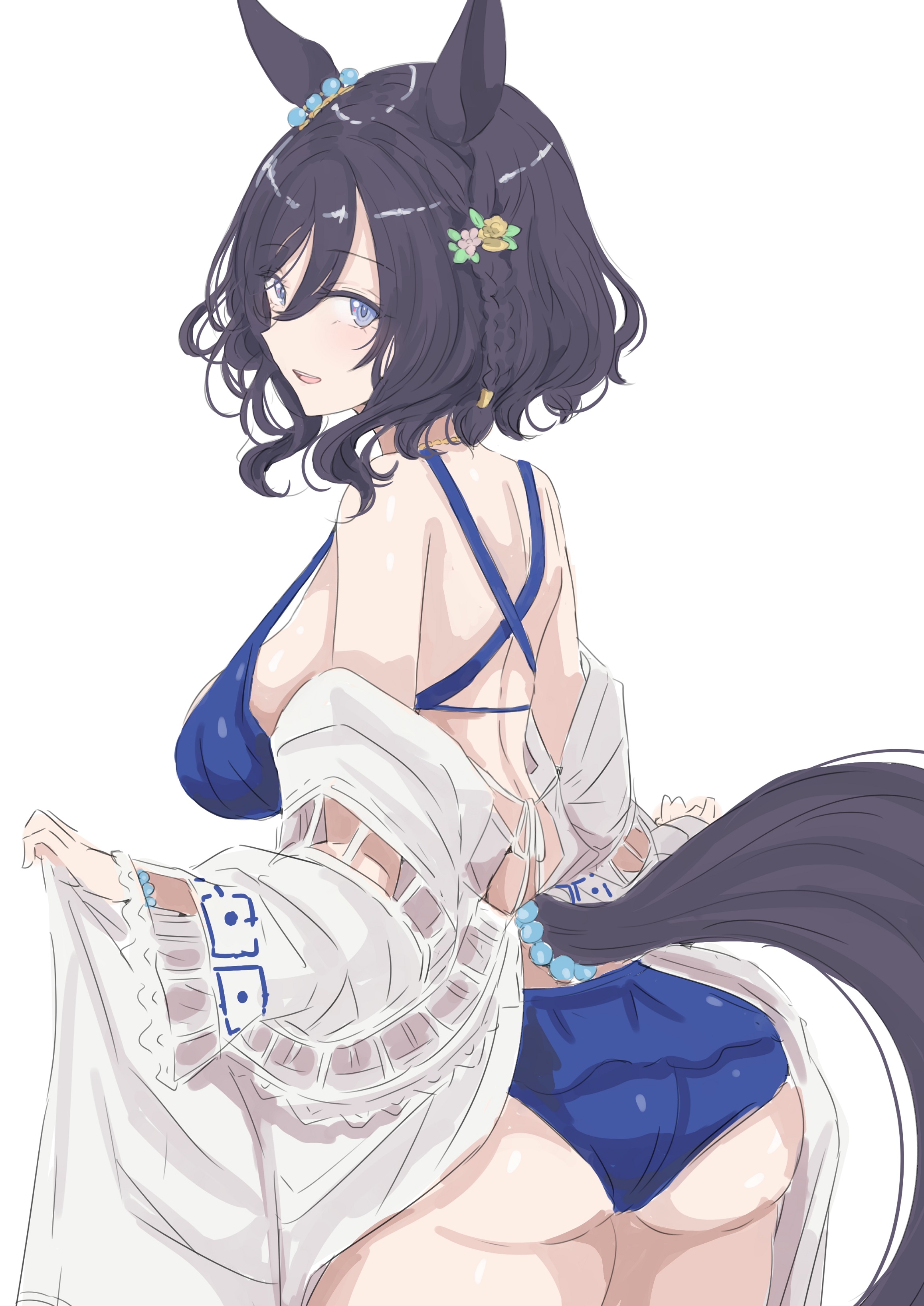 ken (shutenndouji1), eishin flash (reines plaetschern) (umamusume), eishin flash (umamusume), umamusume, absurdres, commentary request, highres, 1girl, animal ears, ass, bikini, black hair, blue bikini, blue eyes, horse ears, horse girl, horse tail, looking at viewer, looking back, short hair, simple background, smile, solo, swimsuit, tail, wavy hair, white background