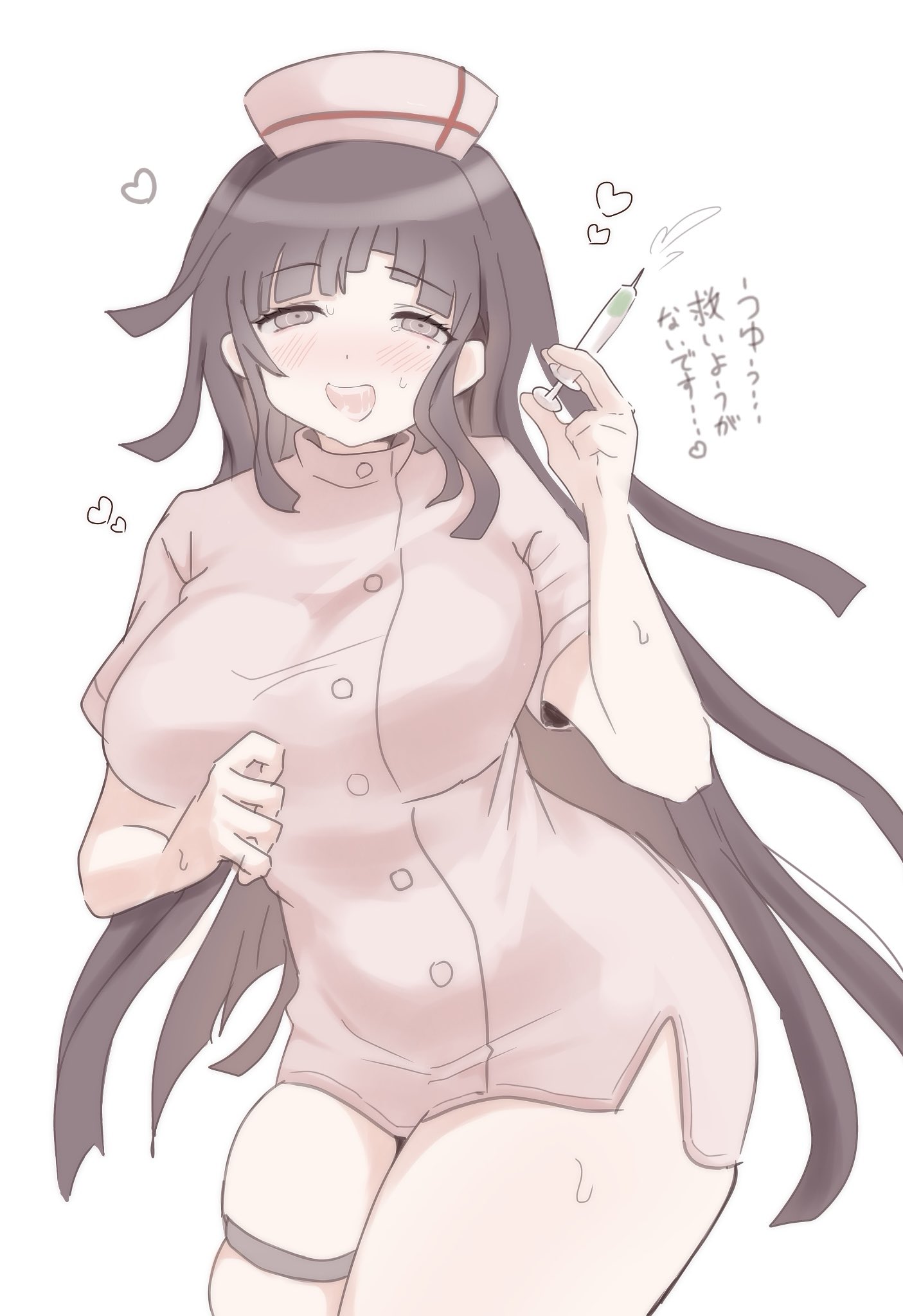 ikemen'na ore-shi, tsumiki mikan, danganronpa (series), danganronpa 2: goodbye despair, highres, translation request, 1girl, alternate costume, blush, breasts, hat, holding, holding syringe, large breasts, long hair, looking at viewer, mole, mole under eye, nurse, nurse cap, open mouth, short sleeves, simple background, solo, syringe, white background