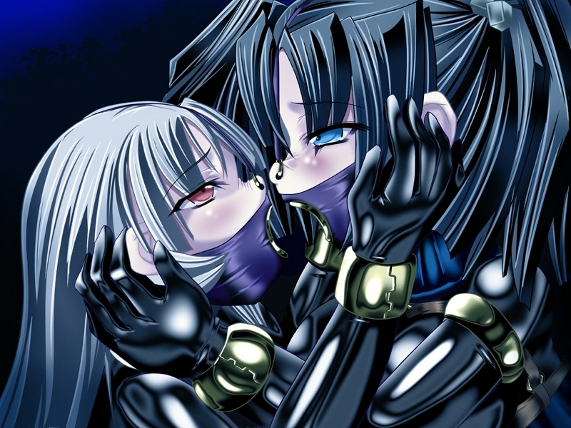 yaseuma loru, hobaru impression, game cg, 2girls, black hair, blue eyes, collar, cuffs, empty eyes, face piercing, gag, gradient background, latex, mind control, multiple girls, nose hook, nose piercing, nose ring, piercing, red eyes, ring gag, rubber, slave, white hair, yuri