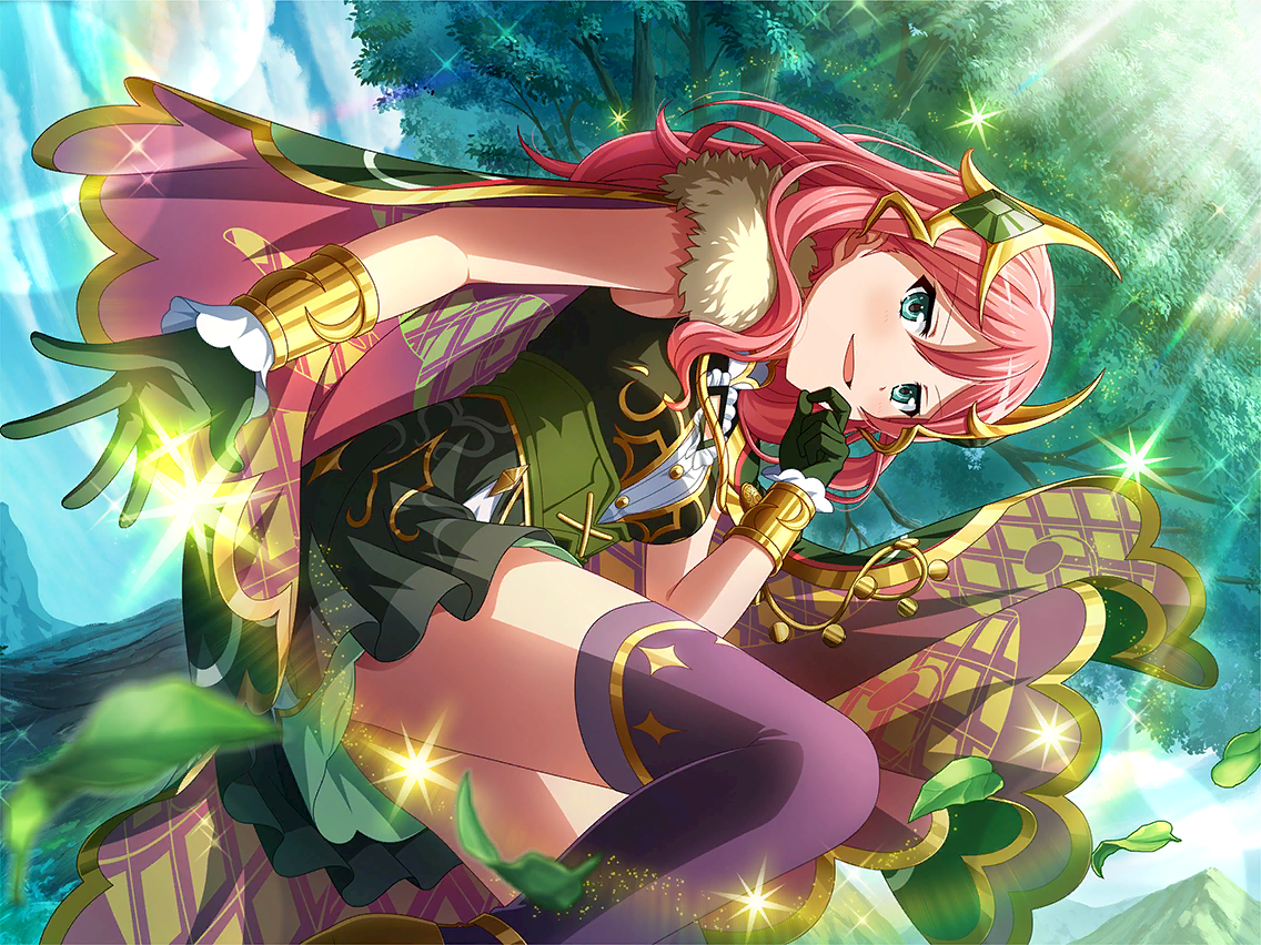 tsuruhime yachiyo, shoujo kageki revue starlight, shoujo kageki revue starlight -re live-, game cg, official art, 1girl, aqua eyes, bracelet, cape, dutch angle, fur trim, gloves, green cape, green gloves, green shirt, green skirt, hair between eyes, headpiece, jewelry, long hair, looking at viewer, parted lips, pink hair, purple thighhighs, shirt, skirt, solo, thighhighs, tree, upper body