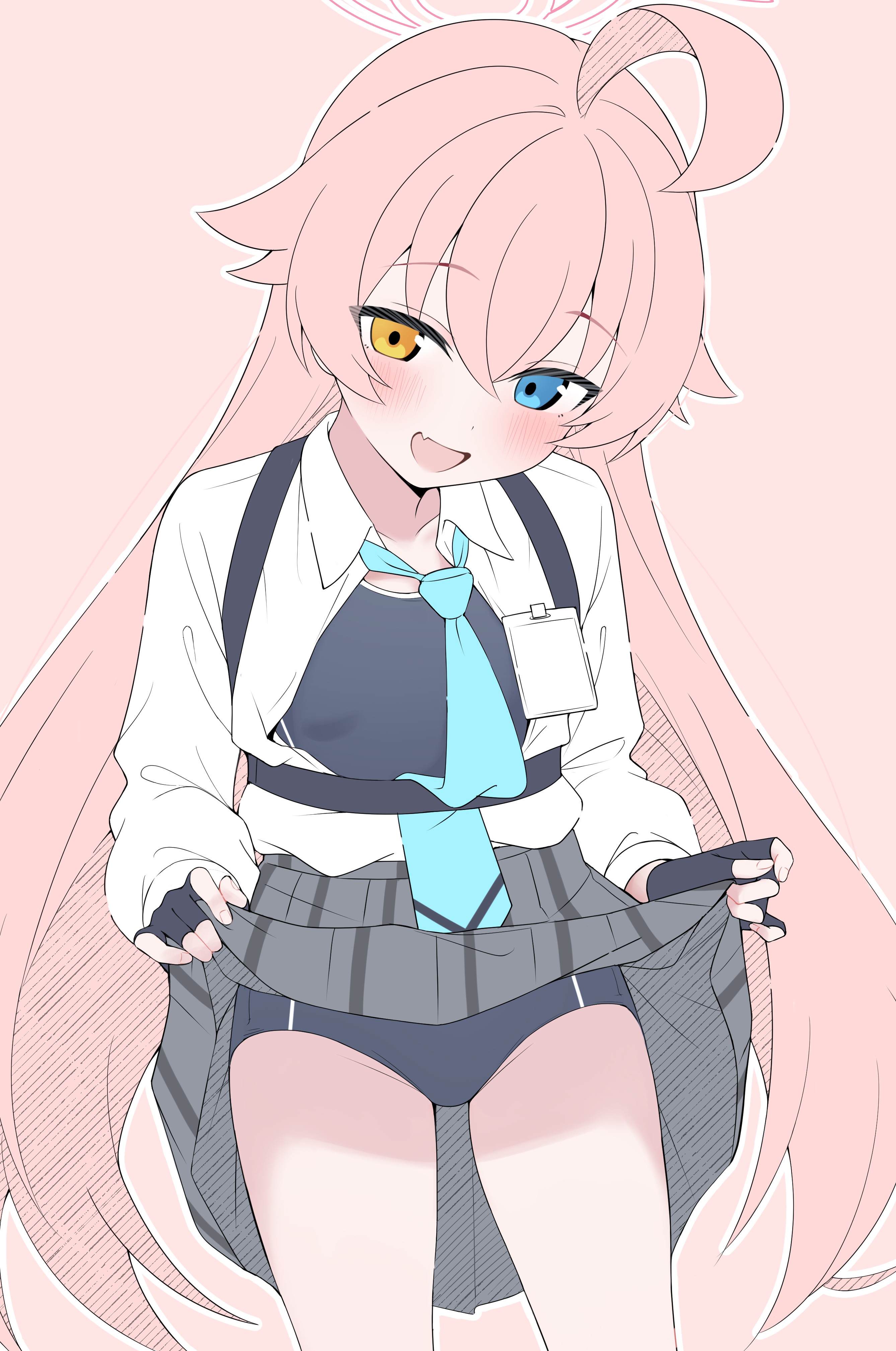 mistel (sukebemistel), hoshino (blue archive), blue archive, absurdres, commentary request, highres, 1girl, ahoge, black gloves, blue eyes, clothes lift, competition school swimsuit, fingerless gloves, gloves, halo, heterochromia, lifting own clothes, long hair, necktie, one-piece swimsuit, pink background, pink hair, school swimsuit, shirt, skirt, skirt lift, solo, swimsuit, swimsuit under clothes, white shirt