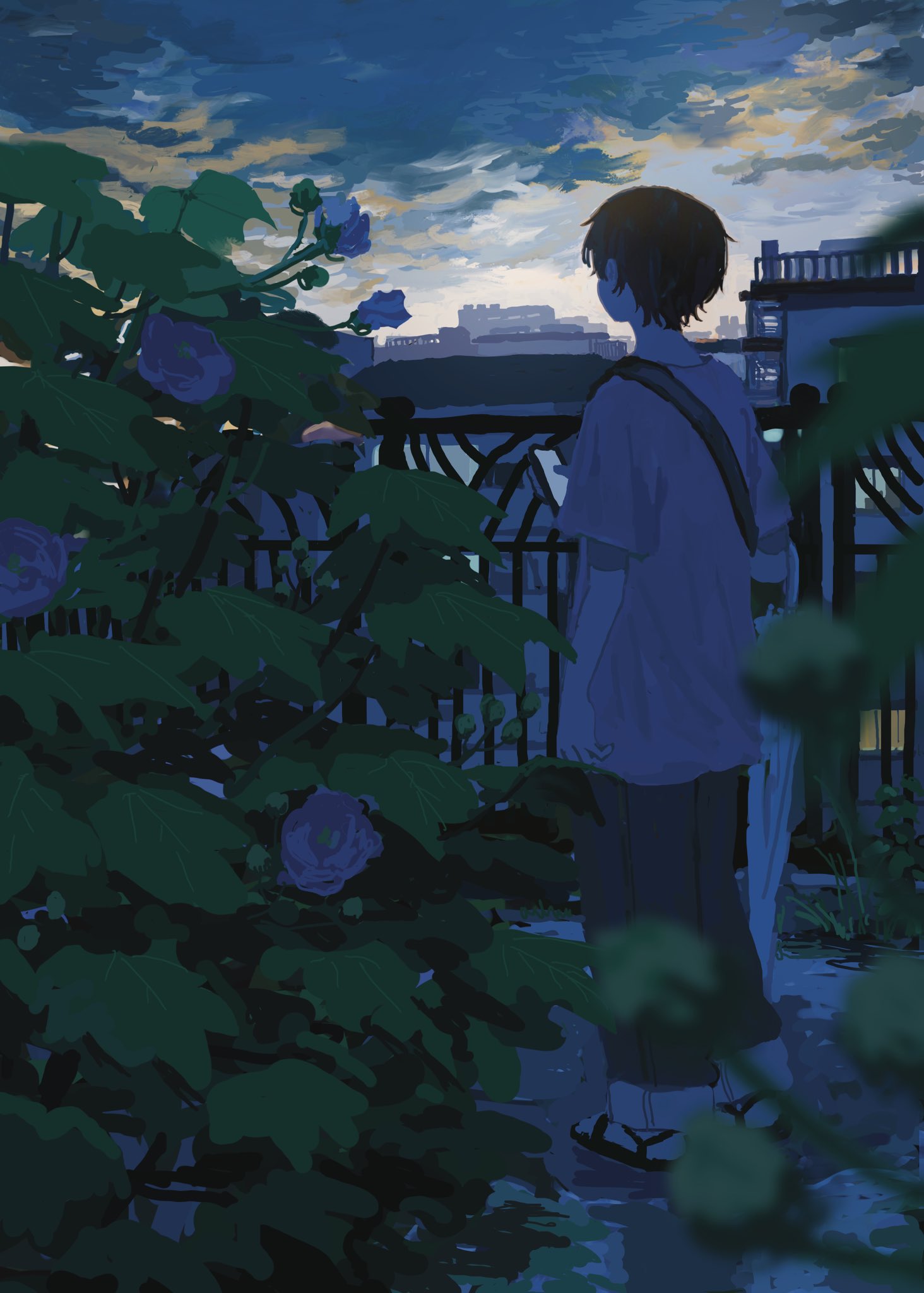 oimoti tn, original, highres, 1other, bag, black hair, blue flower, blurry, blurry foreground, building, cellphone, cloud, cloudy sky, dawn, facing away, flower, grey shirt, holding, holding phone, morning, pants, phone, pink flower, plant, railing, sandals, shirt, short hair, short sleeves, shoulder bag, sky, smartphone, solo, standing, umbrella, umbrella on arm