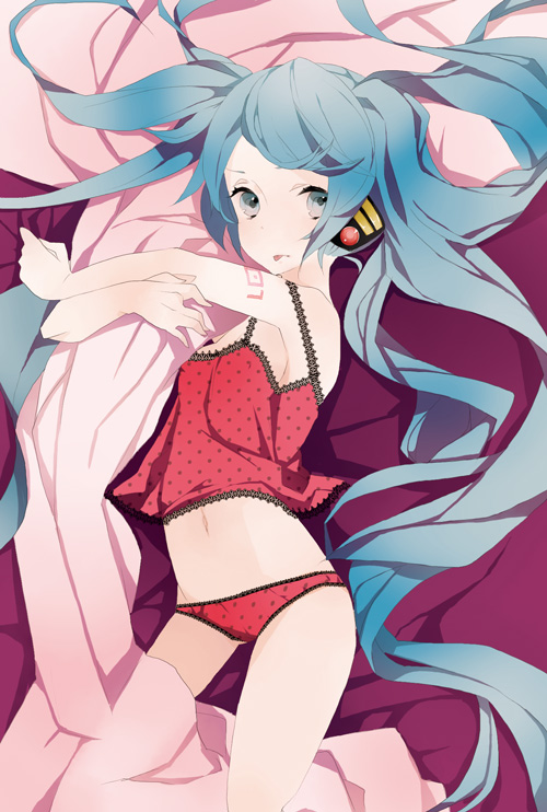 tomboya, hatsune miku, romeo to cinderella (vocaloid), vocaloid, bad id, bad pixiv id, 1girl, :p, aqua eyes, aqua hair, camisole, female focus, headphones, long hair, lying, midriff, navel, panties, solo, tongue, tongue out, twintails, underwear, very long hair