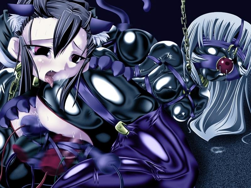 yaseuma loru, hobaru impression, game cg, 2girls, animal ears, ball gag, bdsm, blindfold, bondage, bound, breasts, cat ears, cat tail, chain, collar, gag, gimpsuit, latex, leash, licking, multiple girls, nose hook, rubber, saliva, sex toy, strap, tail, vibrator, yuri