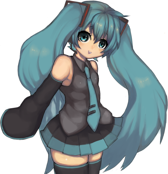 yowapoo, hatsune miku, vocaloid, bad id, bad pixiv id, 1girl, aqua eyes, aqua hair, detached sleeves, female focus, headphones, headset, long hair, necktie, simple background, skirt, smile, solo, thighhighs, twintails, very long hair, white background, zettai ryouiki