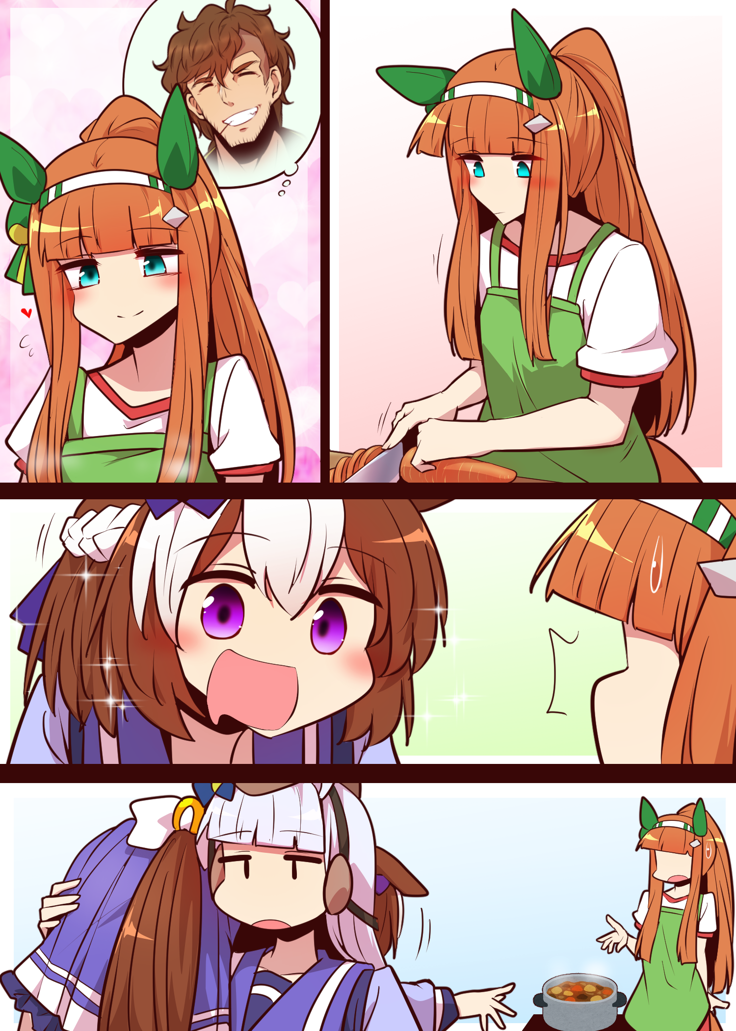 yonedatomo mizu, gold ship (umamusume), silence suzuka (umamusume), special week (umamusume), team spica's trainer, trainer (umamusume), umamusume, commentary, highres, 1boy, 3girls, animal ears, apron, blue eyes, blunt bangs, blush, braid, brown hat, carrot, carrying, carrying over shoulder, carrying person, closed mouth, cooking, ear covers, green apron, hairband, half up braid, hat, holding, holding knife, horse ears, horse girl, horse tail, knife, long hair, multiple girls, open mouth, pleated skirt, ponytail, purple eyes, purple sailor collar, purple shirt, purple skirt, sailor collar, school uniform, shirt, short sleeves, skirt, smile, t-shirt, tail, tracen school uniform, white hairband, white shirt, | |