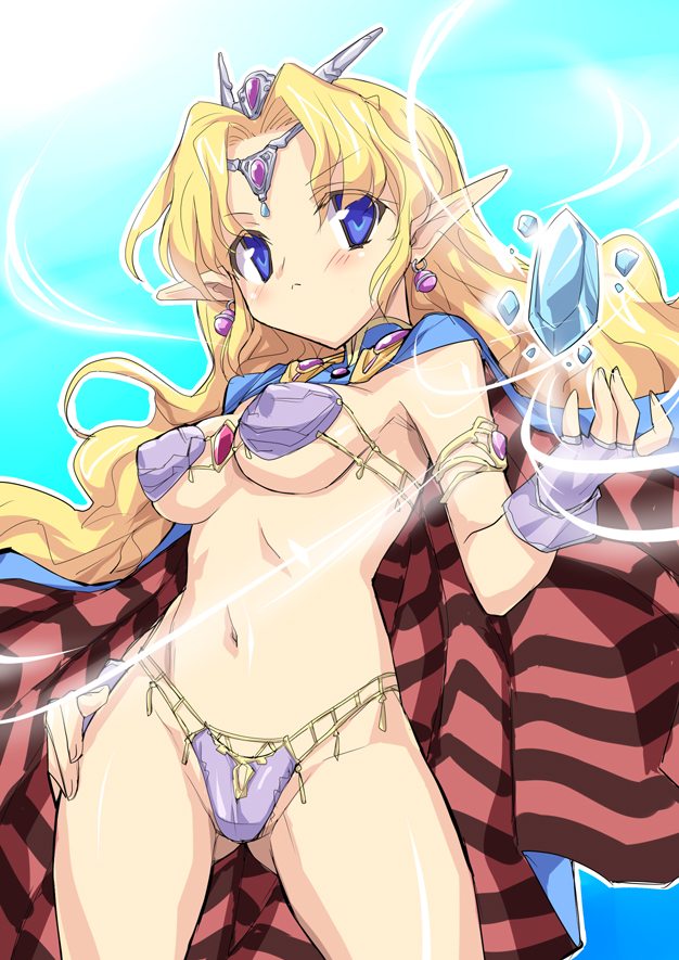 eeeeee, esper (saga 2), saga, saga 2, striped, bad id, bad pixiv id, 1girl, bikini, blonde hair, blue eyes, breasts, cape, crystal, elf, female focus, jewelry, lots of jewelry, pointy ears, solo, swimsuit, underboob