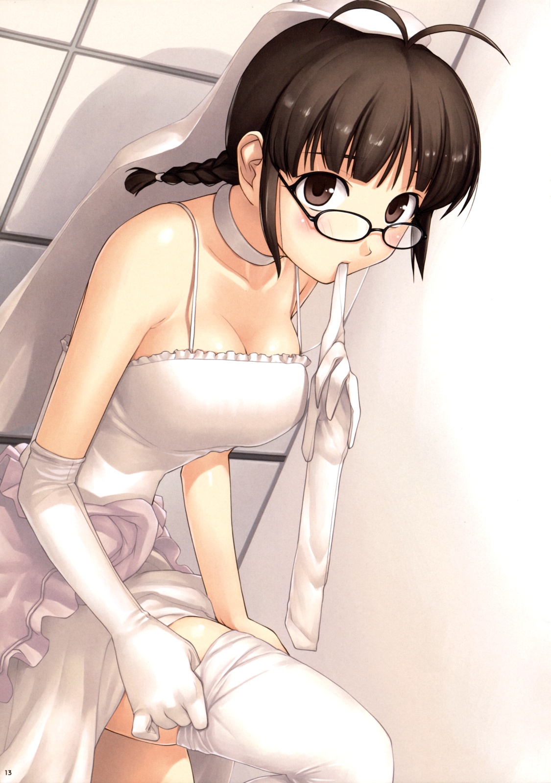 tanaka shoutarou, akizuki ritsuko, idolmaster, idolmaster (classic), highres, 00s, 1girl, adjusting clothes, adjusting legwear, antenna hair, blush, braid, breasts, bride, brown eyes, brown hair, choker, cleavage, dress, elbow gloves, female focus, glasses, gloves, large breasts, mouth hold, single elbow glove, single glove, solo, thighhigh tug, thighhighs, twin braids, undressing, wedding dress, white thighhighs