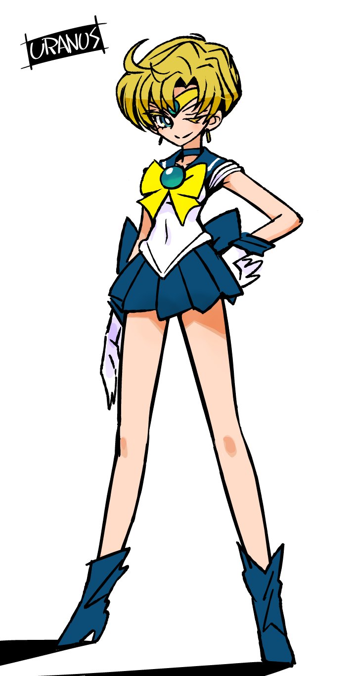 g=hikorou, sailor uranus, ten'ou haruka, bishoujo senshi sailor moon, commentary, highres, 1girl, blonde hair, blue boots, blue choker, blue sailor collar, blue skirt, boots, bow, bowtie, character name, choker, circlet, full body, gloves, hand on own hip, looking at viewer, miniskirt, one eye closed, outer senshi, pleated skirt, sailor collar, sailor senshi, sailor senshi uniform, short hair, simple background, skirt, solo, standing, white background, white gloves, yellow bow, yellow bowtie