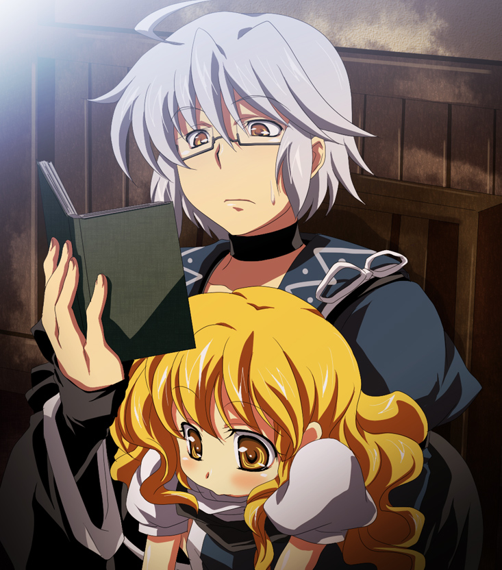 mekabu, kirisame marisa, morichika rinnosuke, curiosities of lotus asia, touhou, silver hair, bad id, bad pixiv id, 1boy, 1girl, aged down, blonde hair, book, glasses, sweatdrop, tareme, upper body, yellow eyes