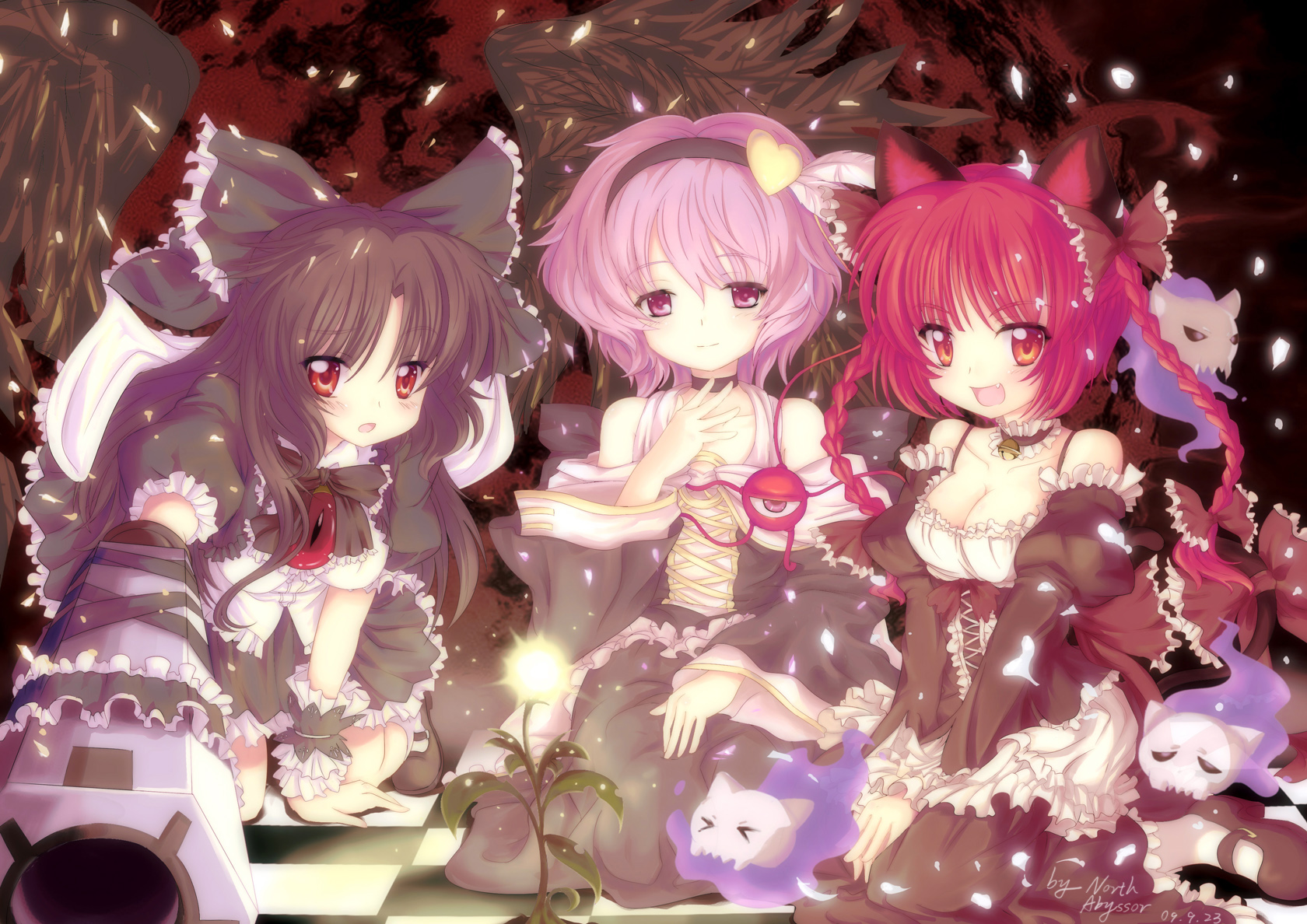 north abyssor, kaenbyou rin, komeiji satori, reiuji utsuho, touhou, highres, > <, 3girls, alternate hairstyle, alternate weapon, animal ears, arm support, bare shoulders, bell, black hair, bow, braid, breasts, cat ears, cat girl, cat skull, cat tail, checkered floor, choker, cleavage, closed eyes, dress, fang, female focus, floating skull, floor, frills, gothic lolita, hair bow, hair ribbon, hairband, heart, jingle bell, lolita fashion, long hair, medium breasts, multiple girls, multiple tails, nekomata, pink hair, purple eyes, red eyes, red hair, ribbon, short hair, sitting, small breasts, smile, tail, twin braids, v arms, weapon, wings, wrist cuffs