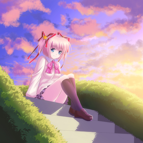 dinyc, kamikita komari, little busters!, lowres, 1girl, blonde hair, blue eyes, bow, female focus, grass, panties, pantyshot, pink bow, plaid clothes, plaid skirt, school uniform, short hair, sitting, sitting on stairs, skirt, solo, stairs, twilight, twintails, underwear