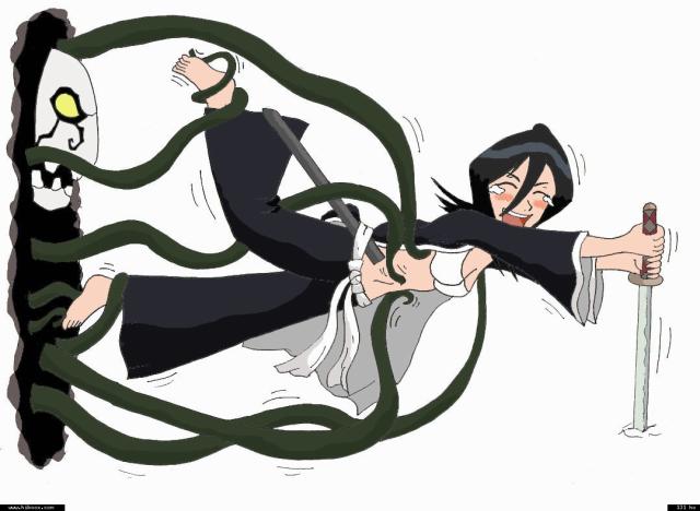 kuchiki rukia, bleach, 1girl, barefoot, black hair, blush, feet, hollow, katana, laughing, navel, open clothes, sarashi, sword, tears, tentacles, tickling, tickling feet, weapon