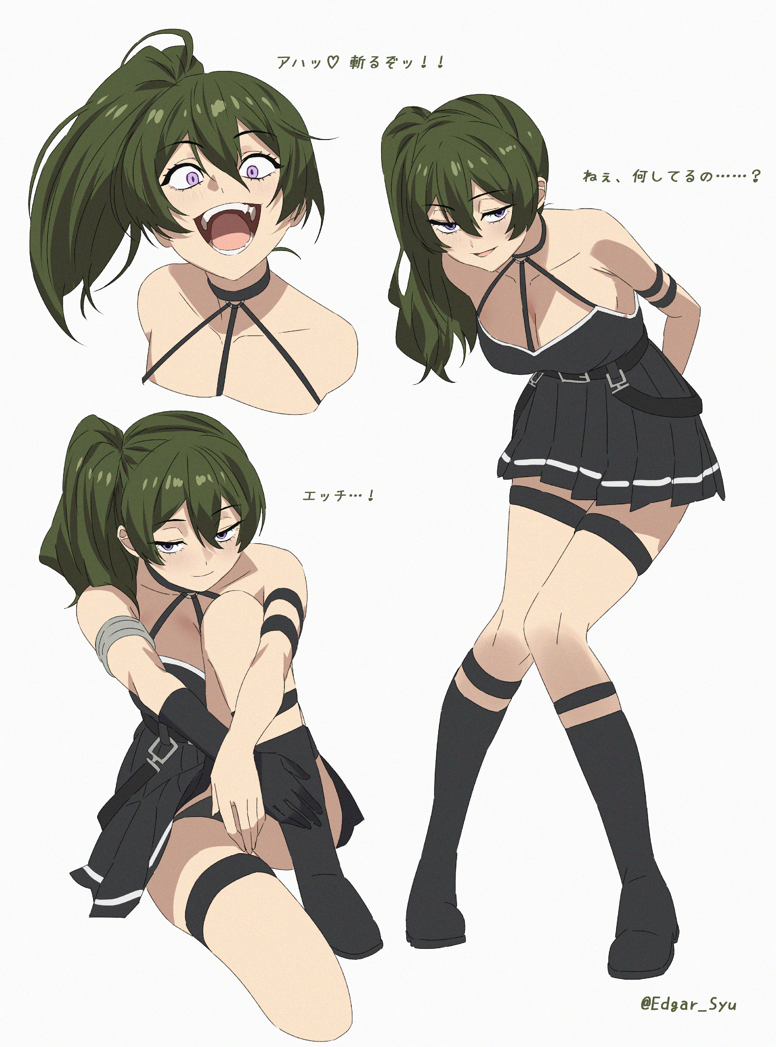 edgar syu, ubel (sousou no frieren), sousou no frieren, absurdres, commentary request, highres, 1girl, bare shoulders, black dress, black socks, breasts, collarbone, dress, green hair, long hair, looking at viewer, medium breasts, multiple views, open mouth, pleated dress, side ponytail, socks, teeth, thigh strap