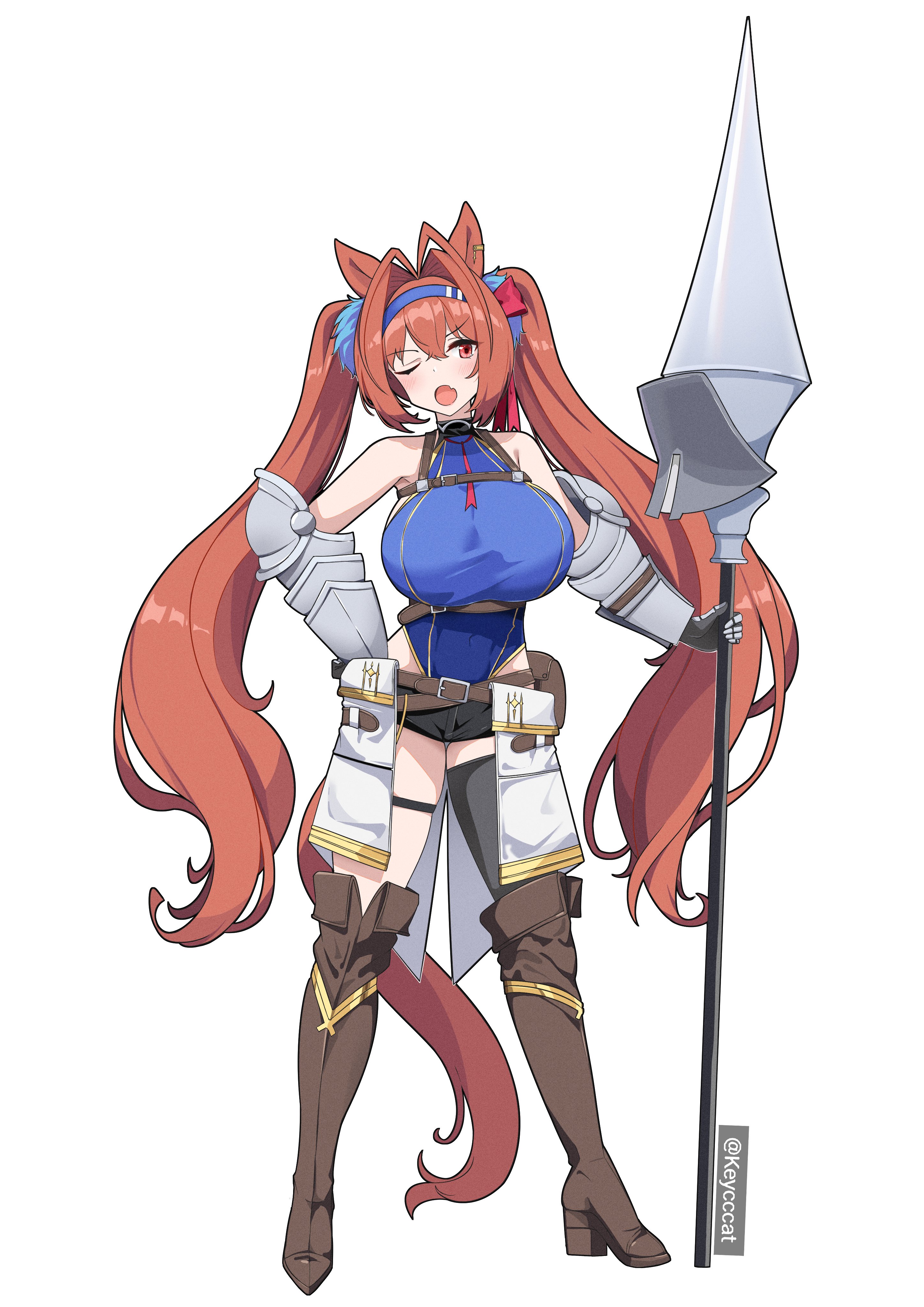 keycccat, daiwa scarlet (umamusume), umamusume, absurdres, highres, 1girl, animal ears, arm guards, armpits, bare shoulders, blush, boots, bow, breasts, brown hair, fang, framed breasts, hair between eyes, hair intakes, holding, holding polearm, holding weapon, horse ears, horse girl, horse tail, knee boots, knight, large breasts, long hair, looking at viewer, open mouth, polearm, red eyes, shorts, skin fang, solo, tail, tiara, twintails, very long hair, weapon