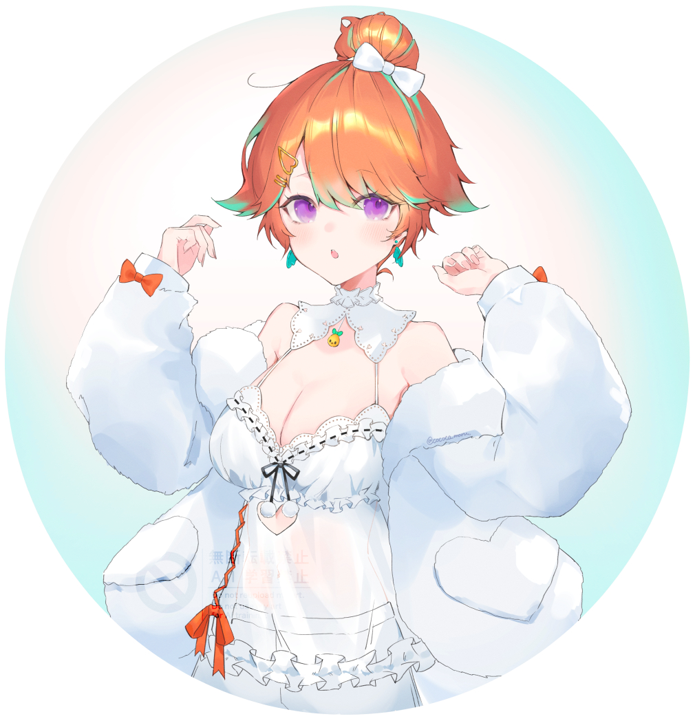 cococo moru, takanashi kiara, takanashi kiara (cozy), hololive, hololive english, commentary, symbol-only commentary, 1girl, babydoll, breasts, cleavage, fluffy clothes, frills, green hair, hair bun, jacket, large breasts, looking at viewer, multicolored hair, official alternate costume, official alternate hairstyle, orange hair, purple eyes, solo, two-tone hair, virtual youtuber, white babydoll