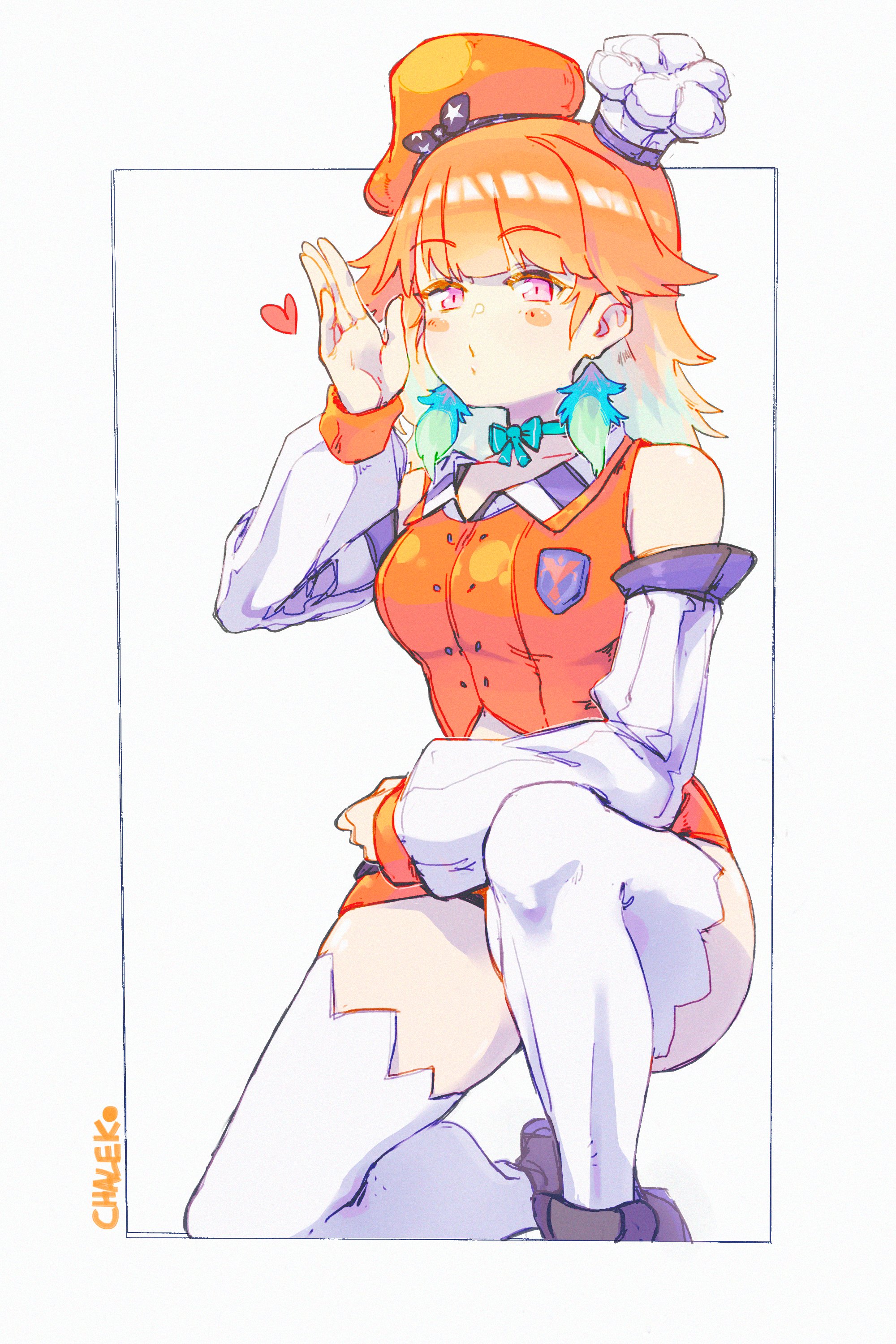 chaleko, takanashi kiara, hololive, hololive english, absurdres, highres, 1girl, blush, breasts, earrings, feather earrings, feathers, gradient hair, hat, heart, jewelry, long hair, multicolored hair, on one knee, orange hair, purple eyes, smile, solo, virtual youtuber