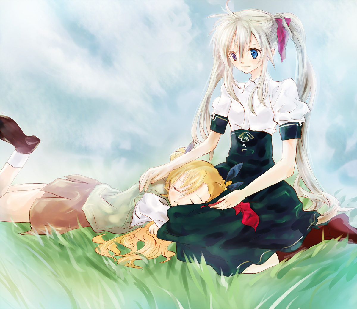 ego6, einhard stratos, vivio, lyrical nanoha, mahou shoujo lyrical nanoha, mahou shoujo lyrical nanoha strikers, mahou shoujo lyrical nanoha vivid, 00s, 10s, 2girls, blonde hair, grey hair, heterochromia, long hair, multiple girls, school uniform, twintails