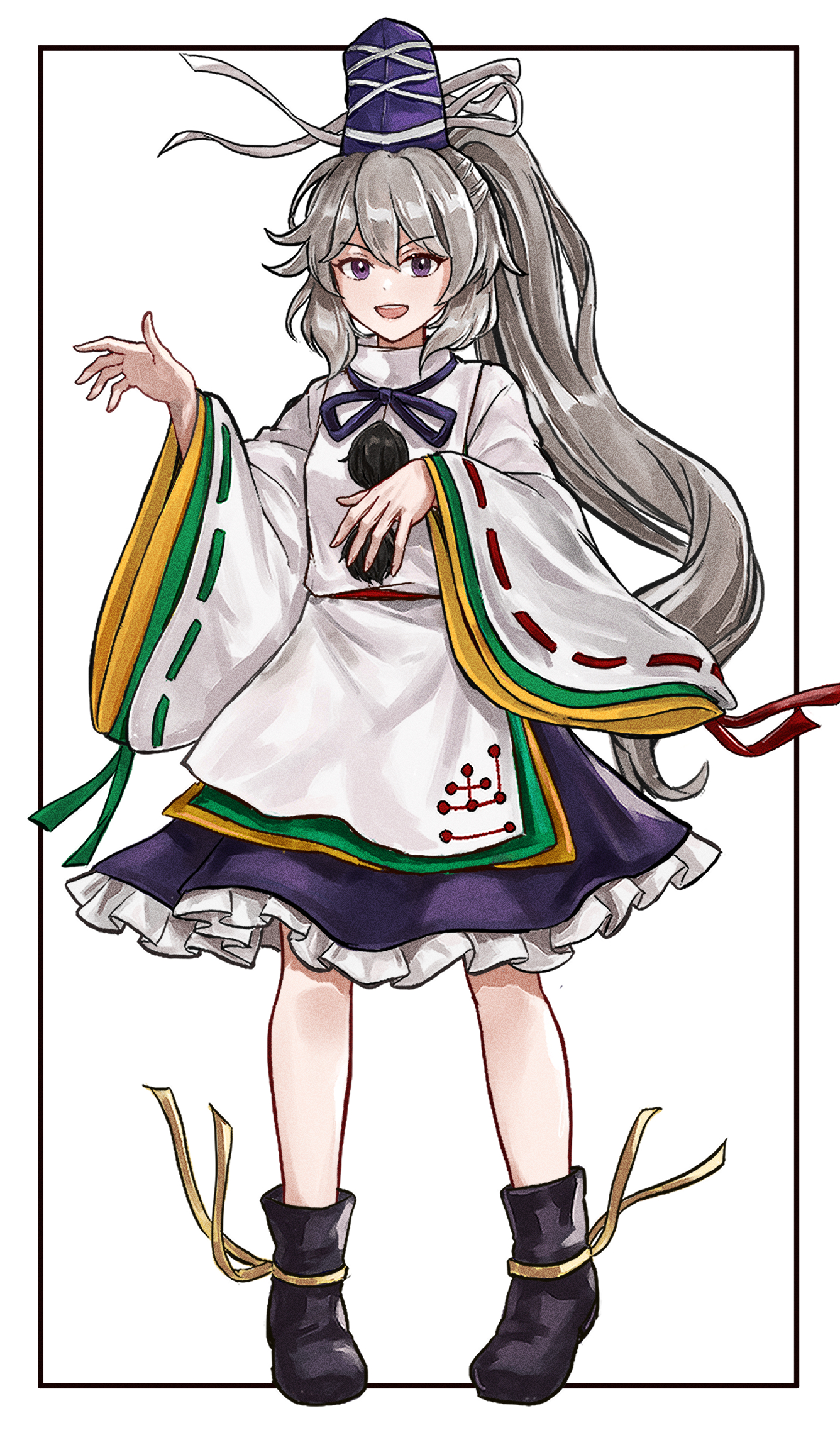 tentaizukan, mononobe no futo, touhou, commentary request, highres, 1girl, black boots, blue hat, boots, frilled skirt, frills, full body, hat, japanese clothes, kariginu, long hair, looking at viewer, open mouth, pom pom (clothes), ponytail, purple skirt, ribbon-trimmed sleeves, ribbon trim, simple background, skirt, solo, tachi-e, tate eboshi, white background, white hair, wide sleeves