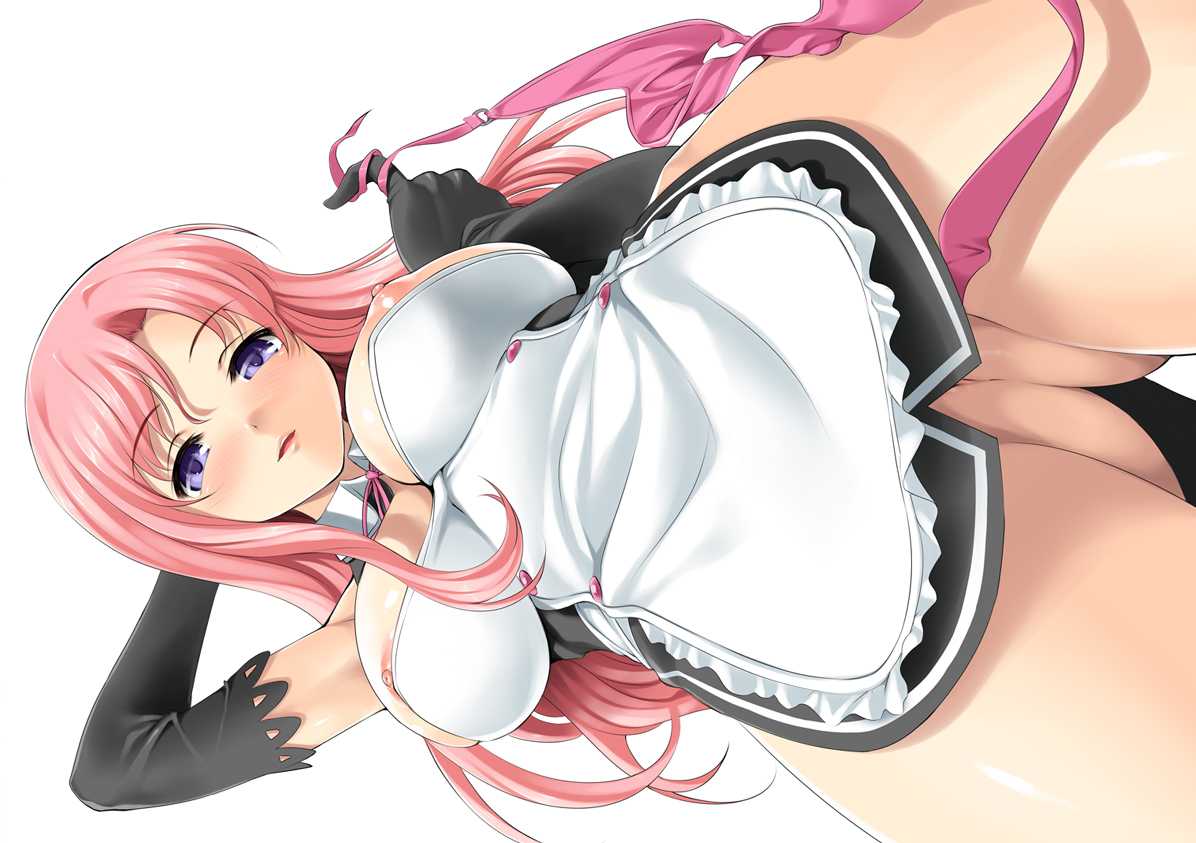 dre, kure masahiro, rui (dream c club), dream c club, dream c club (series), 1girl, arms up, bottomless, breasts, elbow gloves, female focus, from below, gloves, large breasts, long hair, nipple slip, nipples, no panties, pink hair, purple eyes, simple background, solo, uncensored, white background