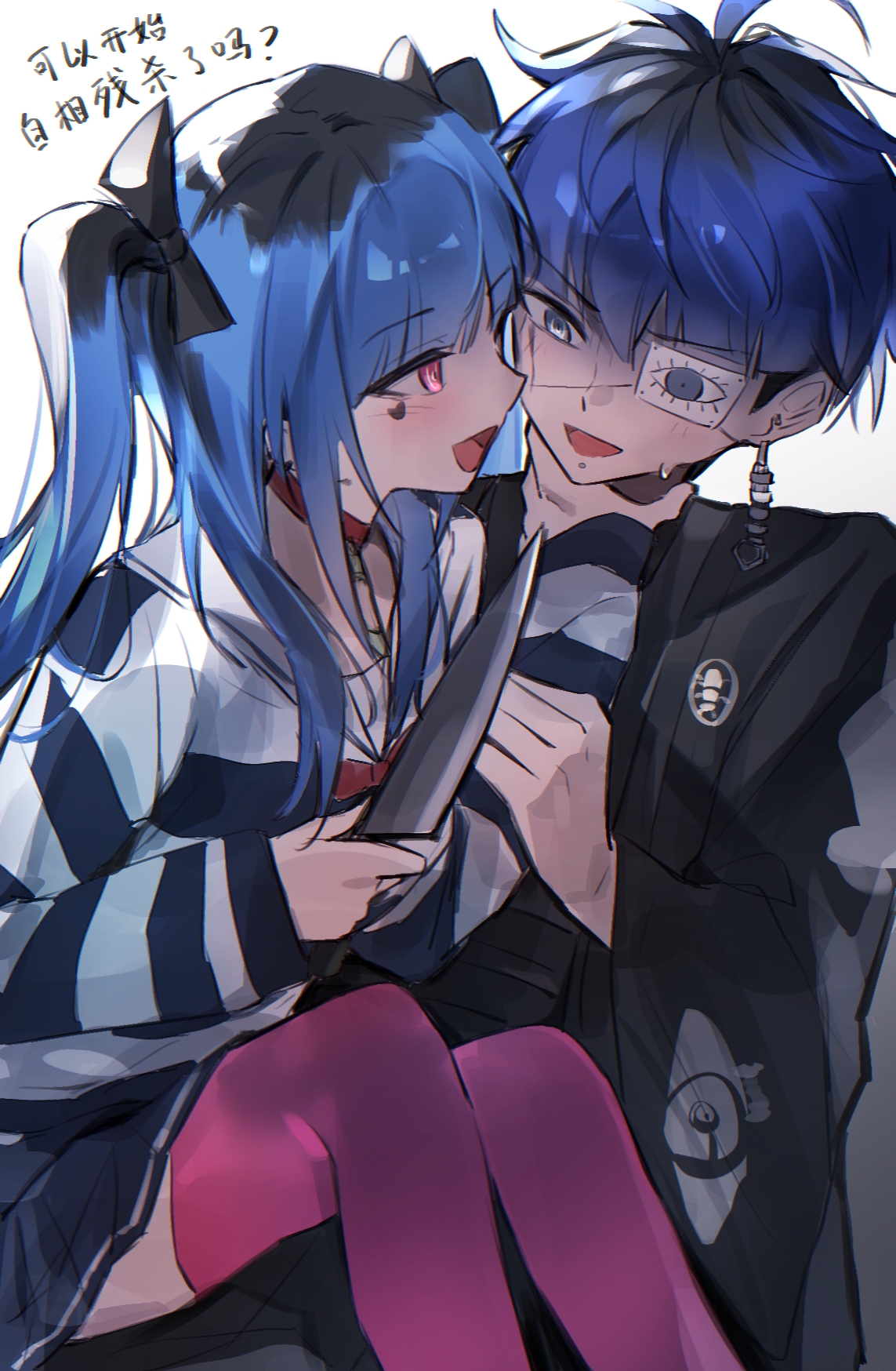 amemiya darumi, omokage yugamu, the hundred line -last defense academy-, chinese commentary, commentary request, highres, 1boy, 1girl, :d, black bow, black hair, black haori, blue hair, bow, choker, earrings, eye print, eyepatch, face piercing, facial mark, fishicon, grey eyes, hair bow, hand on another's neck, haori, heart, heart facial mark, holding, holding knife, japanese clothes, jewelry, knife, long hair, looking at another, makeup, multicolored hair, open mouth, piercing, pink eyes, pink thighhighs, print eyepatch, red choker, shirt, short hair, smile, striped clothes, striped shirt, thighhighs, twintails, white background