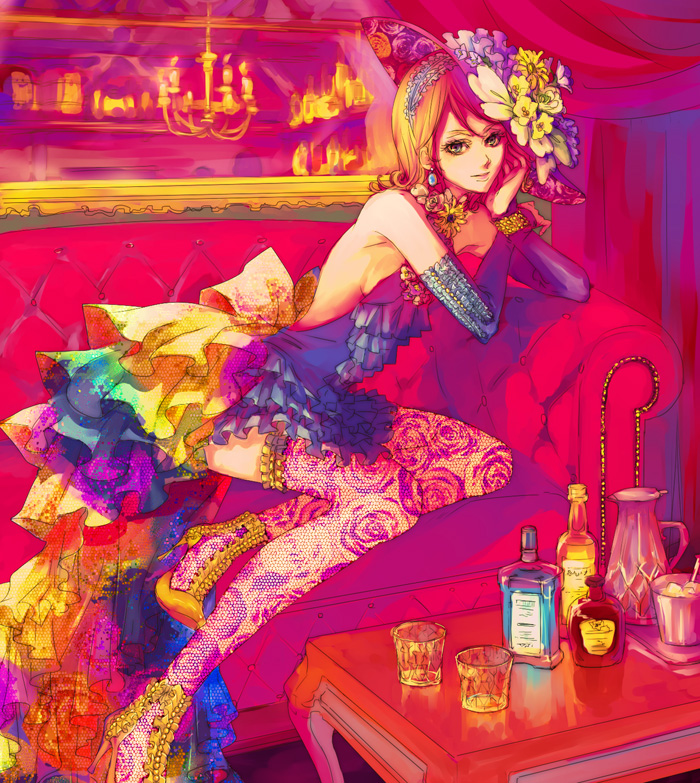 nr, nr (takeno), kagamine rin, vocaloid, bad id, bad pixiv id, 1girl, aged up, blonde hair, bottle, couch, curtains, detached sleeves, dress, earrings, female focus, flower, glass, hairband, hat, indoors, jewelry, long hair, mirror, sitting, solo, thighhighs