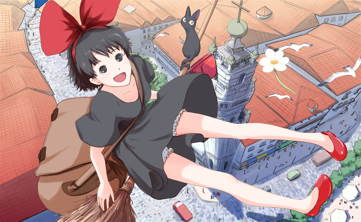 nanahime, jiji (majo no takkyuubin), kiki (majo no takkyuubin), majo no takkyuubin, studio ghibli, 1980s (style), 1girl, :d, bag, bird, black cat, black dress, black eyes, black hair, bloomers, bow, broom, broom riding, cat, dress, female focus, flower, flying, hair bow, happy, legs, no socks, oldschool, open mouth, radio, retro artstyle, seagull, short hair, sidesaddle, smile, solo, underwear