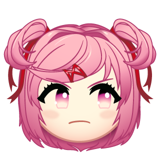natsuki (doki doki literature club), doki doki literature club, artist request, lowres, official art, 1girl, bob cut, chibi, chibi only, emoji, frown, hair ornament, hairclip, looking to the side, pink eyes, pink hair, portrait, short hair, solo, two side up