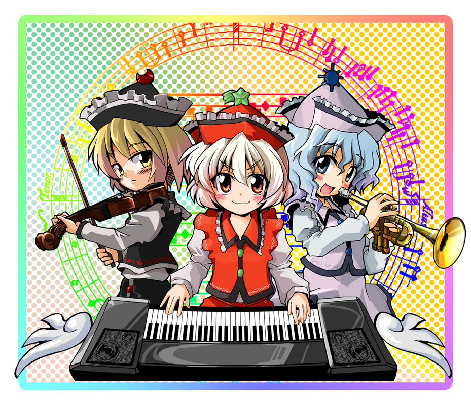 kotojima motoki, kotoshima, lunasa prismriver, lyrica prismriver, merlin prismriver, touhou, bad id, bad pixiv id, 3girls, blonde hair, blue eyes, blue hair, blush, bow (music), female focus, hat, instrument, keyboard, keyboard (instrument), multiple girls, musical note, orange eyes, siblings, sisters, trumpet, violin, white hair, yellow eyes