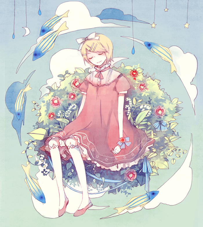mig (36th underground), kagamine rin, vocaloid, bad id, bad pixiv id, 1girl, blonde hair, closed eyes, dress, female focus, fish, flower, hair ornament, hair ribbon, hairclip, ribbon, rose, shoes, short hair, socks, solo, star (symbol)