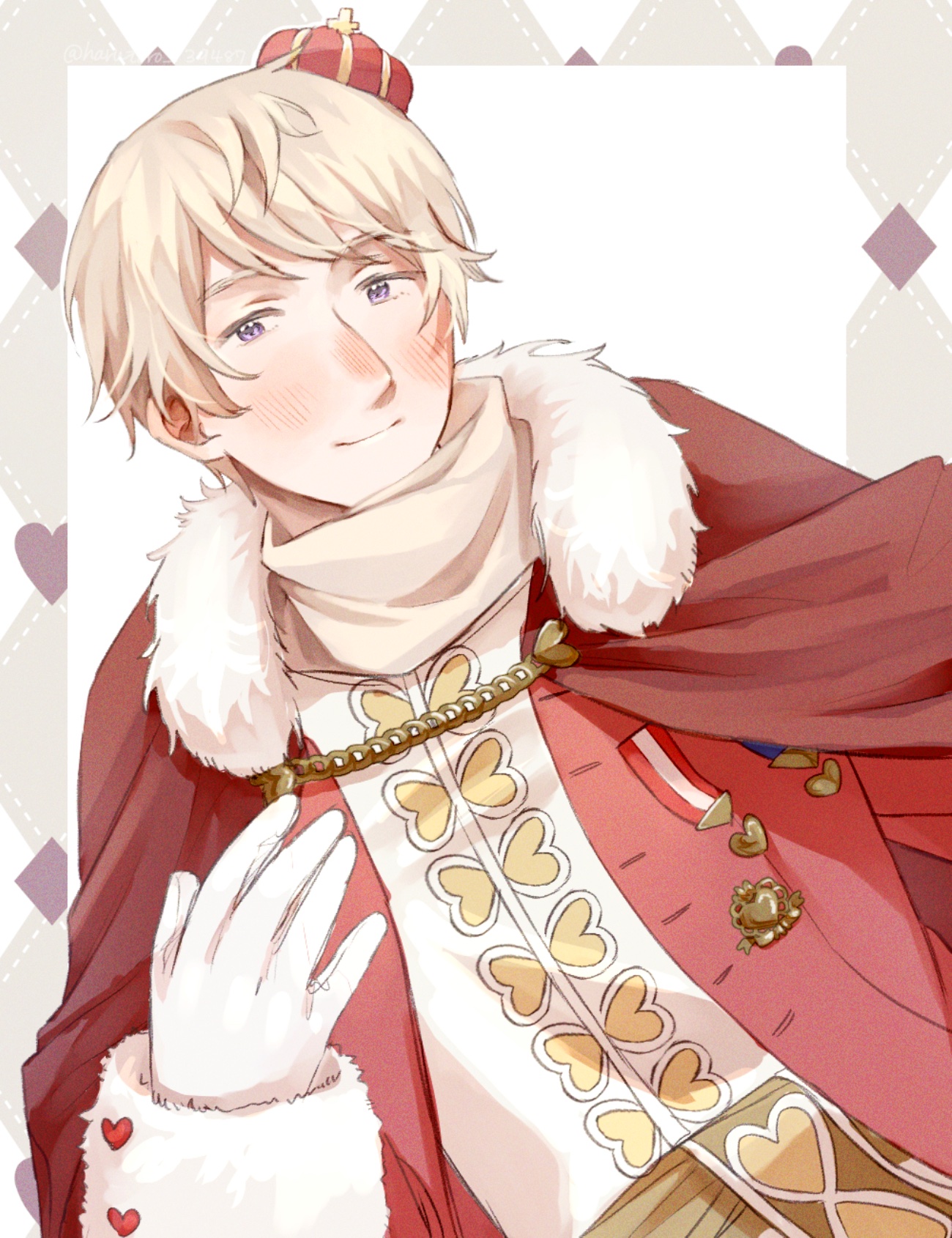 russia (hetalia), axis powers hetalia, commentary request, highres, 1boy, argyle border, belt, blush, border, cape, chain, closed mouth, cross, crown, fur-trimmed cape, fur-trimmed sleeves, fur trim, gloves, gold chain, grey border, grey hair, hair between eyes, hand up, harutoro 39487, heart, heart ornament, heart print, long sleeves, looking at viewer, male focus, medal, mini crown, outside border, purple eyes, red cape, russian clothes, scarf, shirt, short hair, simple background, smile, solo, upper body, white background, white gloves, white scarf, white shirt, yellow belt