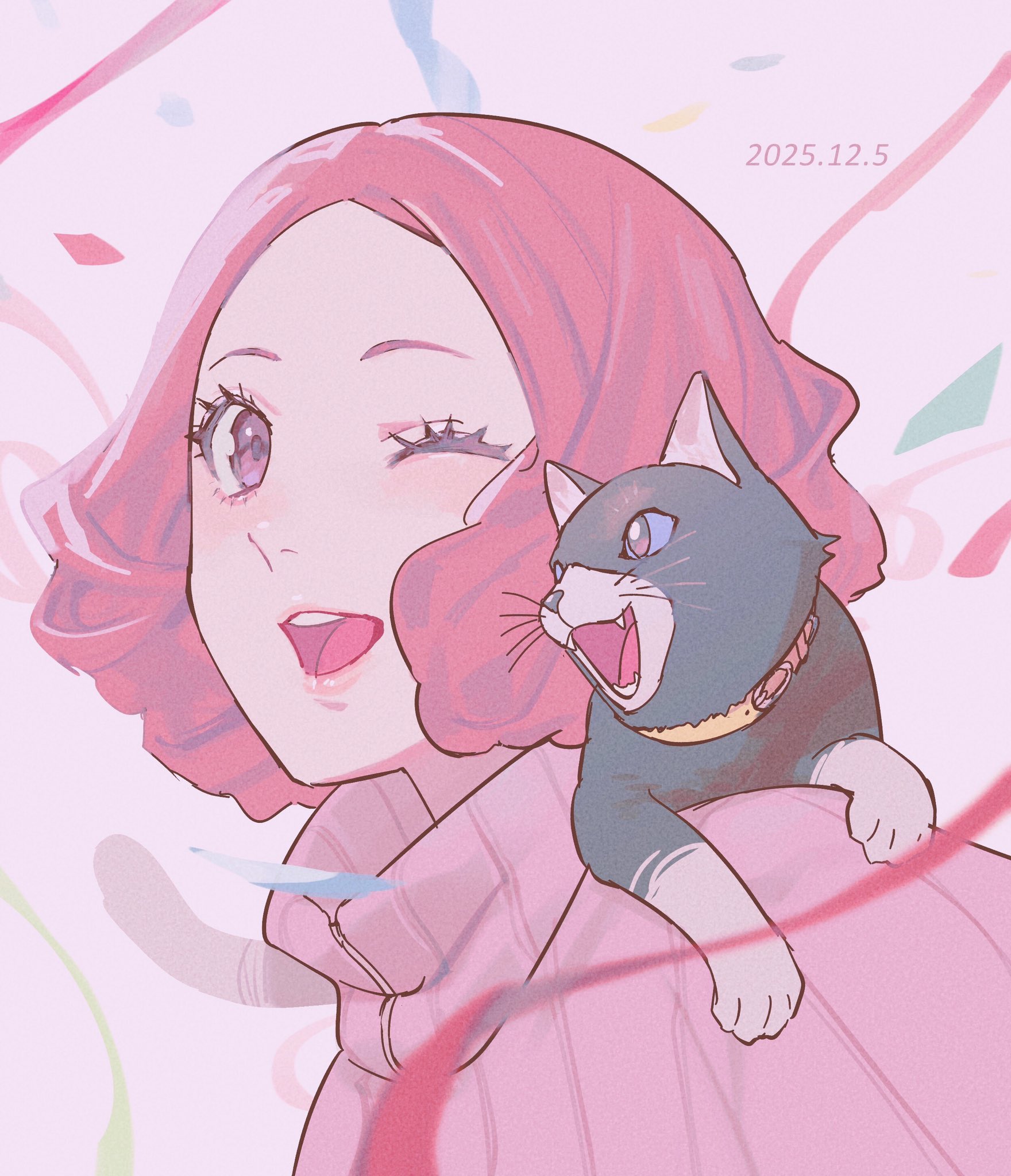 sageo yn, morgana (cat) (persona 5), morgana (persona 5), okumura haru, persona, persona 5, fluffy hair, commentary request, highres, 1girl, animal, animal on shoulder, blush, brown eyes, brown hair, cat, confetti, dated, eyelashes, fangs, one eye closed, open mouth, parted bangs, pink background, pink sweater, ribbed sweater, short hair, sweater, teeth, upper body, upper teeth only