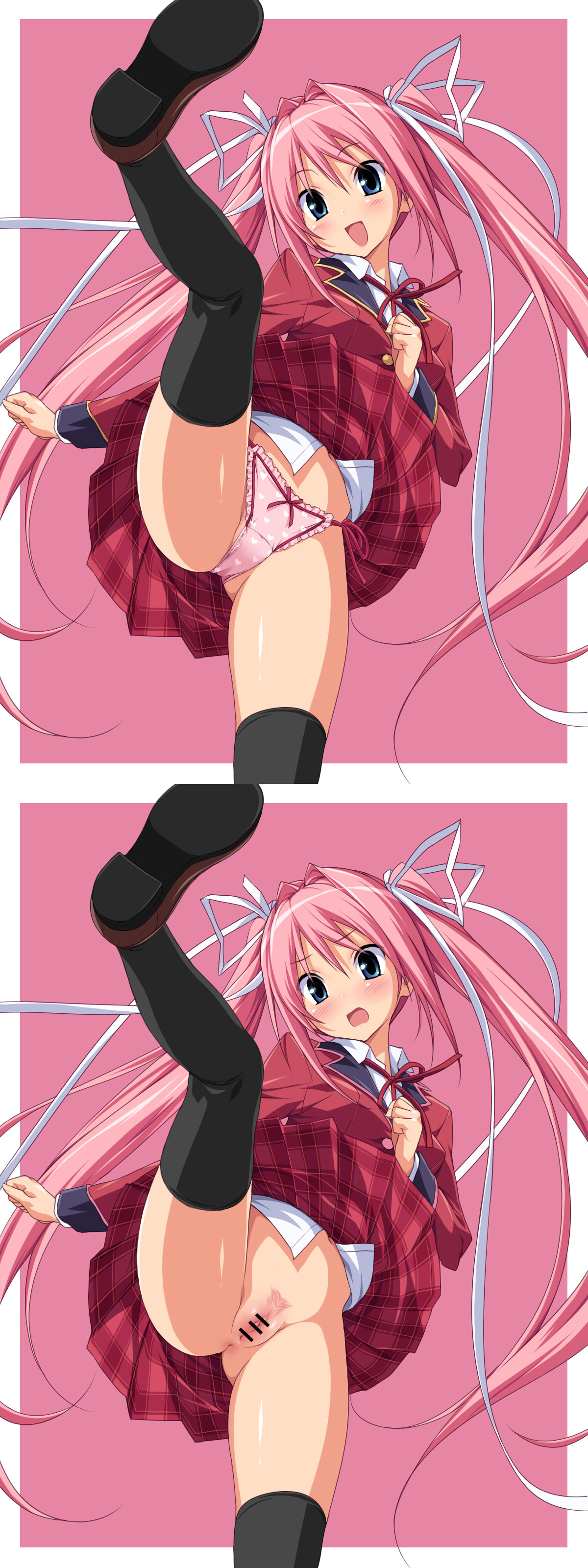 koku, kodama izayoi, stellula eques, absurdres, bad id, bad pixiv id, highres, 1girl, black thighhighs, blue eyes, blush, censored, hair ribbon, long hair, multiple views, no panties, panties, pink hair, pink panties, pubic hair, pussy, ribbon, thighhighs, twintails, underwear, very long hair