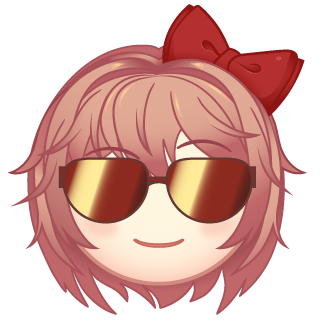 sayori (doki doki literature club), doki doki literature club, artist request, lowres, official art, 1girl, bow, chibi, chibi only, double-parted bangs, emoji, facing viewer, hair bow, messy hair, pink hair, portrait, short hair, smirk, solo, sunglasses