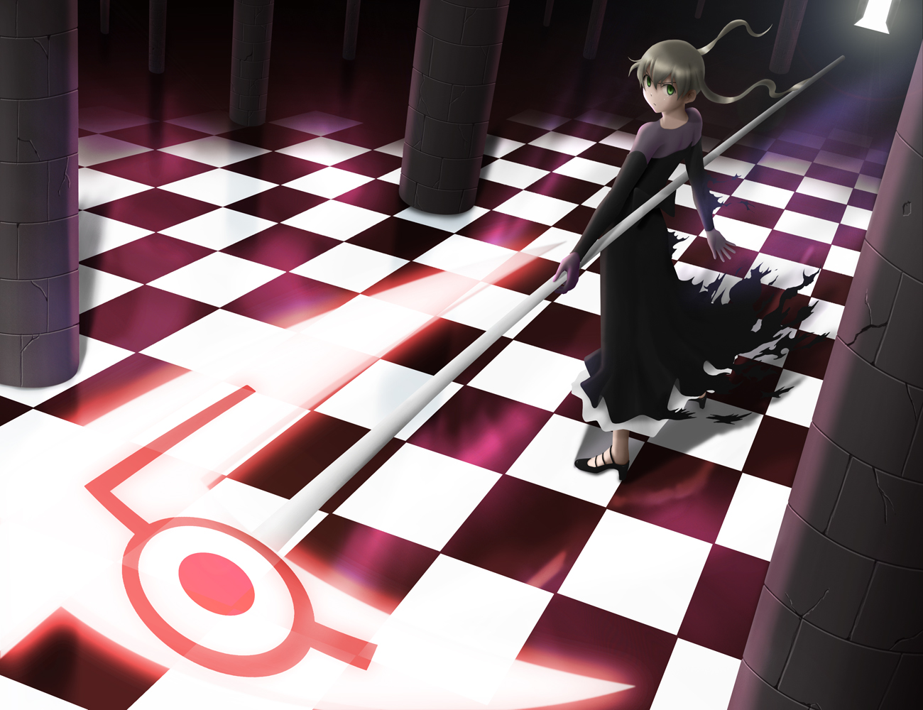 siraha, maka albarn, soul eater, bad id, bad pixiv id, 00s, 1girl, black dress, brown hair, dress, female focus, glowing, green eyes, scythe, see-through clothes, solo, twintails, weapon