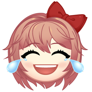 sayori (doki doki literature club), doki doki literature club, artist request, lowres, official art, 1girl, bow, chibi, chibi only, closed eyes, double-parted bangs, emoji, grin, hair bow, laughing, messy hair, pink hair, portrait, short hair, smile, solo, teardrop