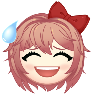 sayori (doki doki literature club), doki doki literature club, artist request, lowres, official art, 1girl, bow, chibi, chibi only, closed eyes, double-parted bangs, emoji, hair bow, messy hair, nervous sweating, pink hair, portrait, short hair, solo, sweat, sweatdrop