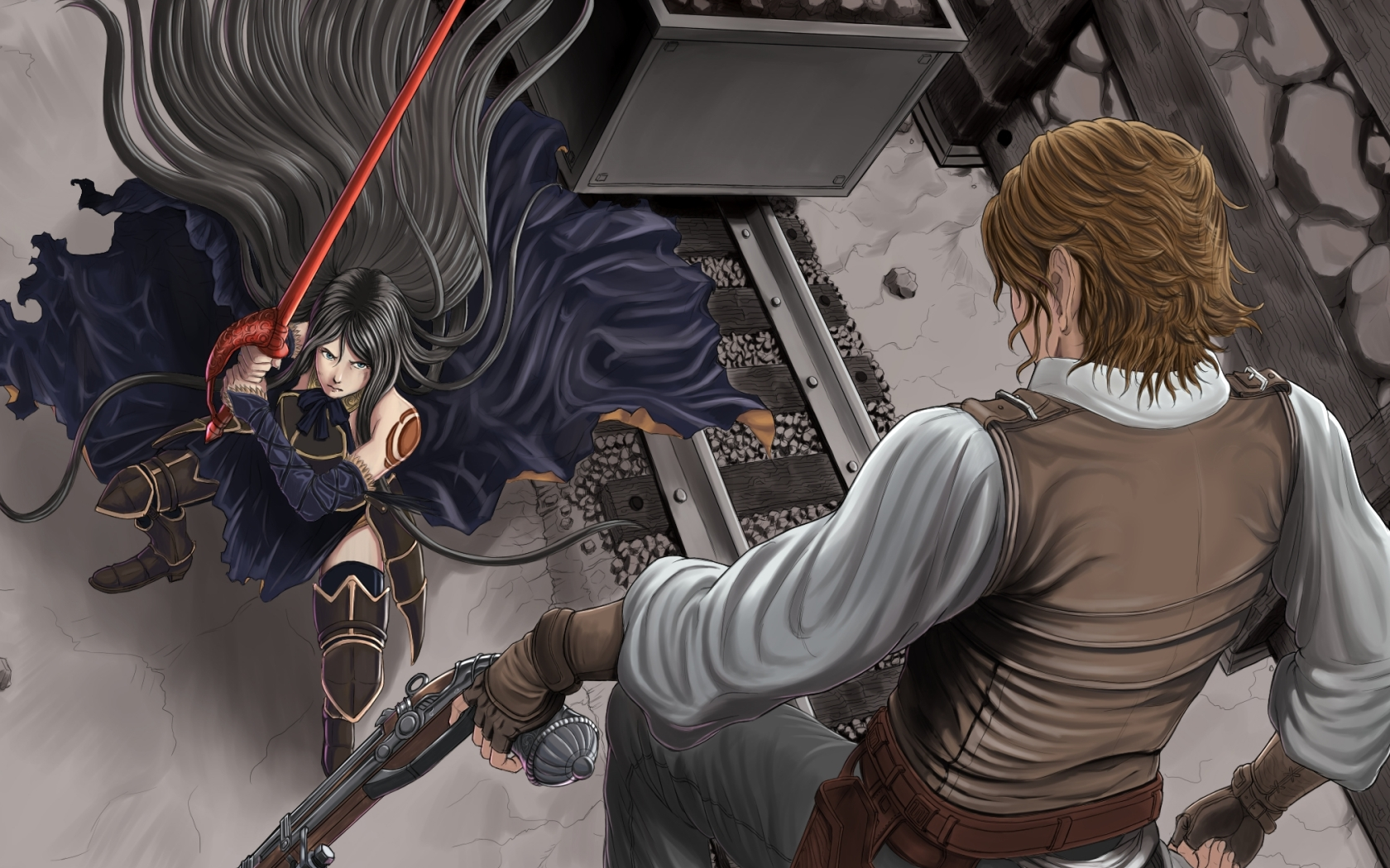 albus, shanoa (castlevania), castlevania: order of ecclesia, castlevania (series), boss, highres, armor, black hair, boots, dress, fighting, fingerless gloves, gloves, gun, long hair, male focus, railroad tracks, sword, tattoo, vest, weapon