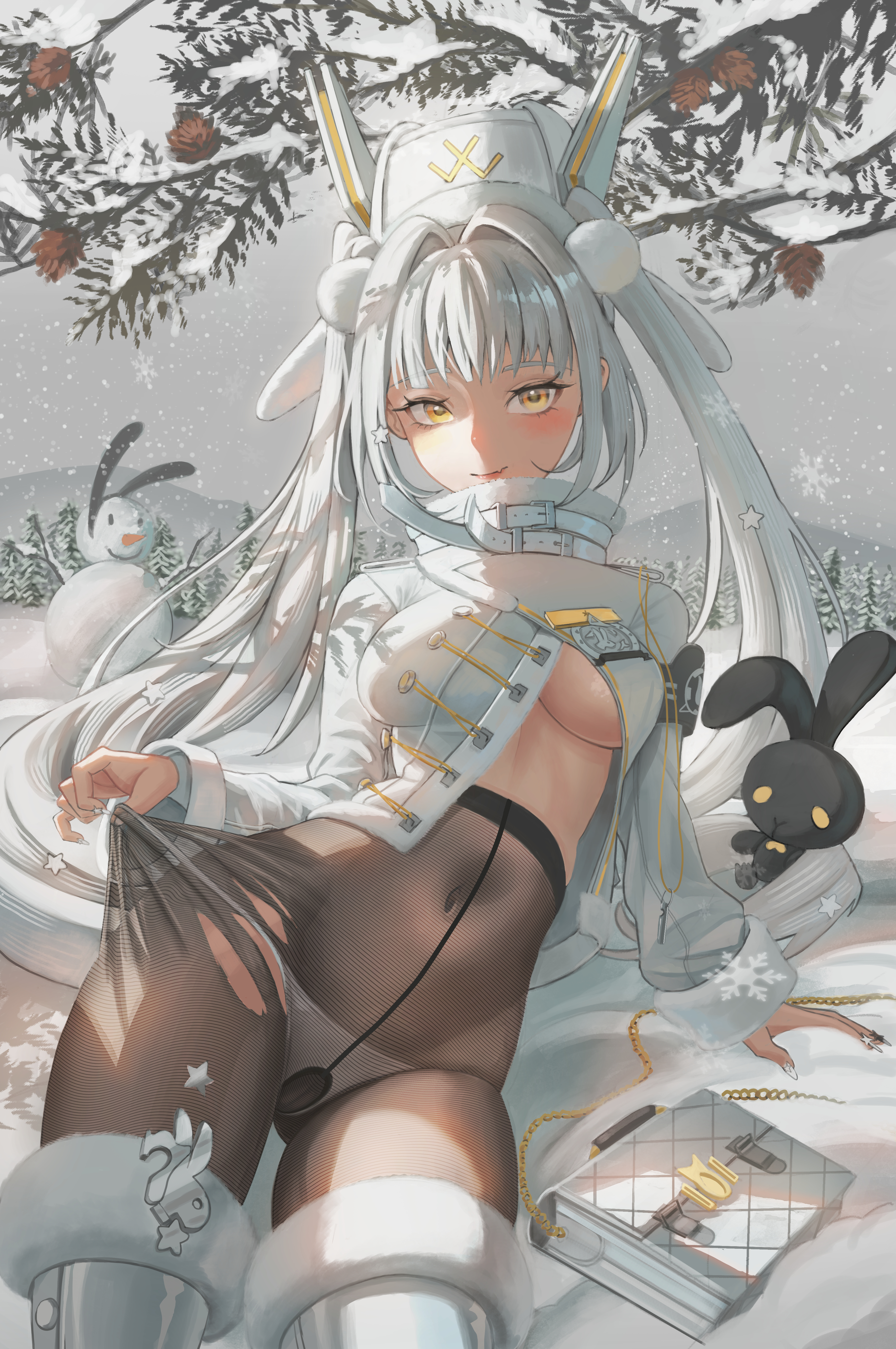 peaceterzero, blanc (fortune express) (nikke), blanc (nikke), goddess of victory: nikke, absurdres, commentary, english commentary, highres, 1girl, black pantyhose, black rabbit (animal), boots, breasts, coat, fur-trimmed boots, fur trim, hat, long hair, medium breasts, official alternate costume, official alternate hairstyle, panties, panties under pantyhose, pantyhose, rabbit, snowflakes, snowing, snowman, solo, tree, twintails, twitter username, underwear, very long hair, white background, white boots, white coat, white hair, white hat, white panties, winter clothes, winter coat, yellow eyes