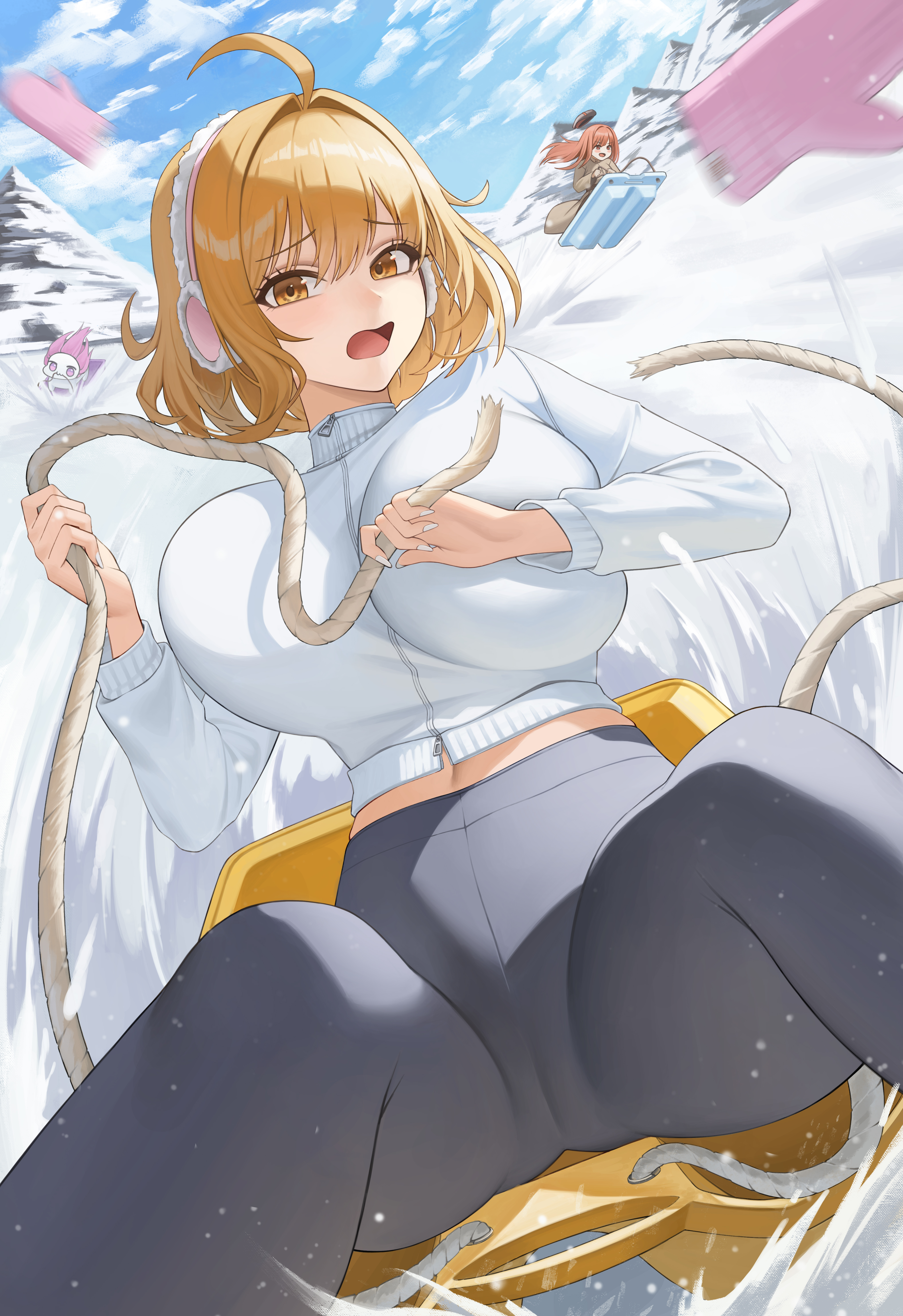 welsh (wel sh), anis (nikke), doro (nikke), rapi (nikke), goddess of victory: nikke, absurdres, commentary request, highres, 2girls, :3, ahoge, blue sky, breasts, brown coat, brown hair, cloud, coat, day, earmuffs, fingernails, floating hair, floating hat, furrowed brow, grey pants, hair between eyes, hair intakes, hat, high-waist pants, holding, holding rope, jacket, large breasts, light particles, long fingernails, long hair, long sleeves, looking at viewer, midair, mittens, motion blur, mountain, multiple girls, nail polish, navel, open mouth, orange eyes, outdoors, pants, pink hair, pink mittens, purple eyes, riding, rope, short hair, sidelocks, sitting, sky, sled, sledding, sliding, snow, spread legs, thighs, turtleneck, turtleneck jacket, very long hair, white jacket, white nails, yellow eyes, yoga pants, zipper, zipper pull tab