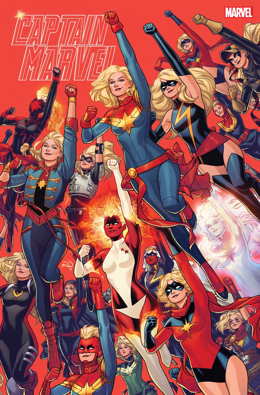 russell dauterman, captain marvel, carol danvers, ms. marvel, avengers (series), marvel, comic cover, commentary, english commentary, highres, 1girl, arm up, black leotard, blonde hair, braid, character name, clenched hand, clothing cutout, colored skin, domino mask, elbow gloves, english text, eye mask, fiery hair, fingerless gloves, floating hair, gloves, hair slicked back, jacket, leotard, mask, mohawk, multiple persona, orange background, red gloves, red sash, red skin, sash, short hair, stomach cutout, superhero costume, white gloves