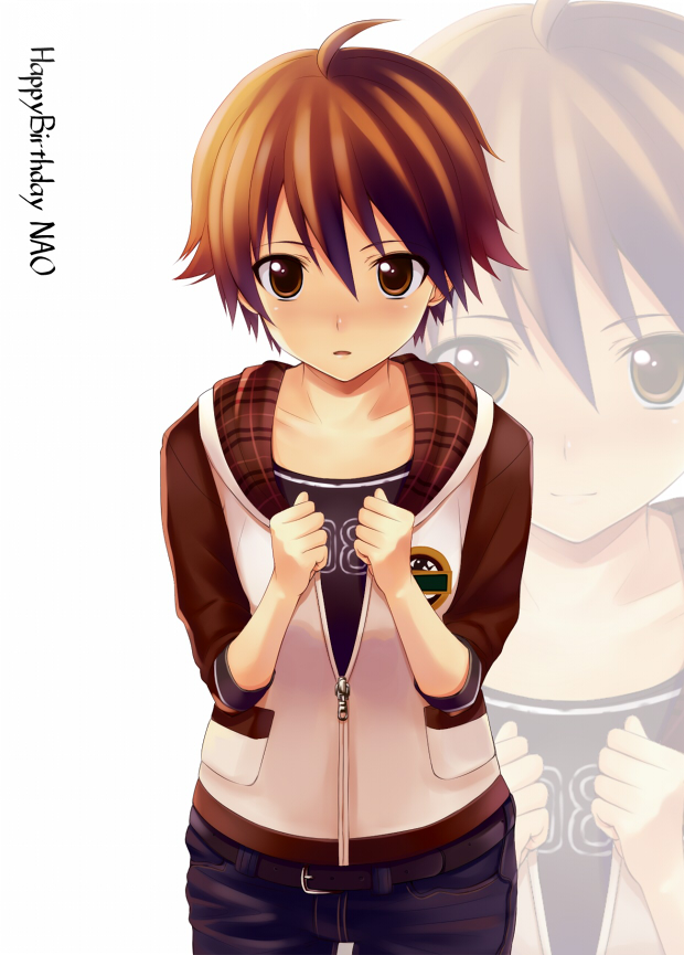 kisugi akira, nao (dream c club), dream c club, dream c club (series), 1girl, ahoge, blush, brown eyes, brown hair, casual, female focus, short hair, solo, zoom layer