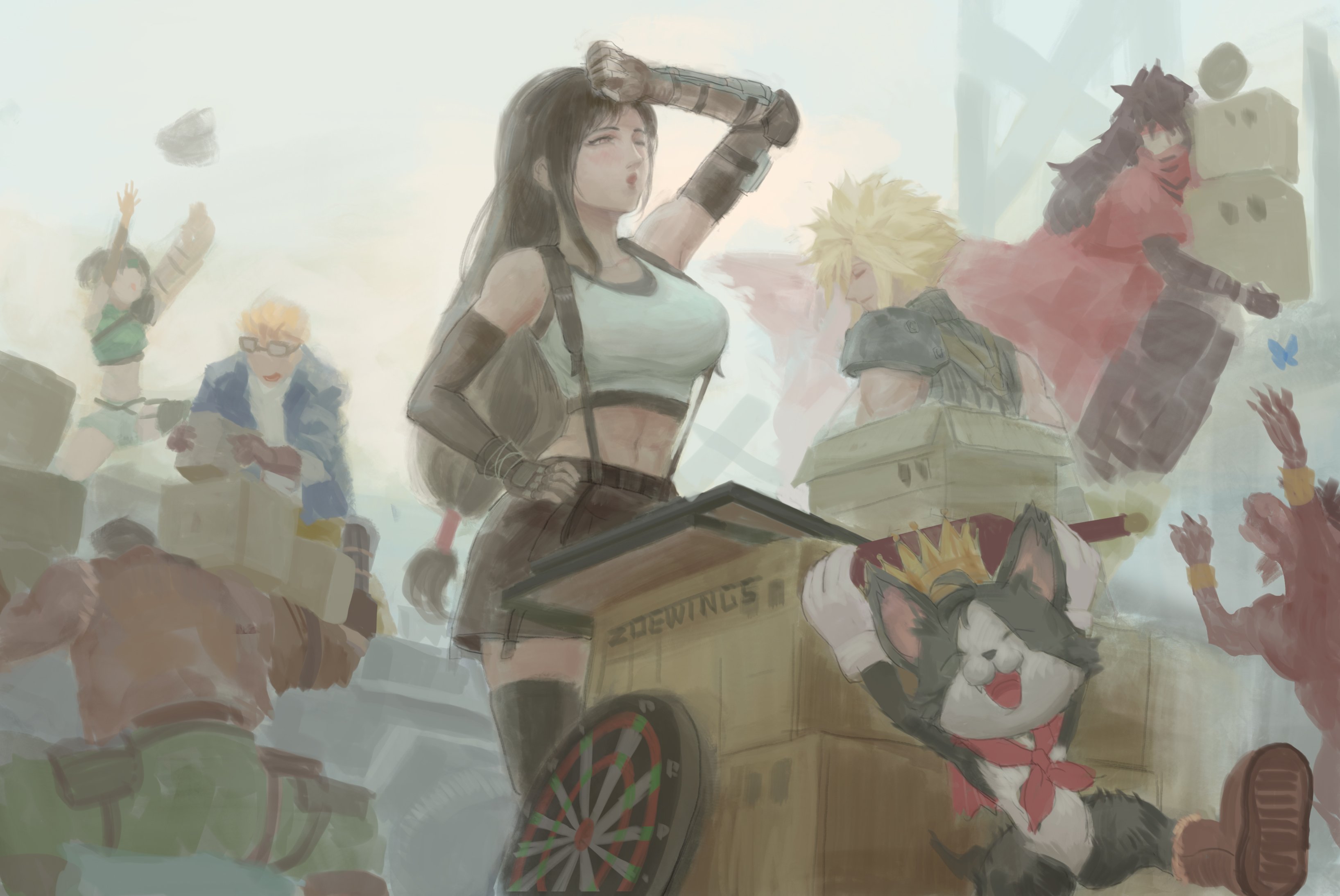 zoewingsz, barret wallace, cait sith (final fantasy), cid highwind, cloud strife, red xiii, tifa lockhart, vincent valentine, yuffie kisaragi, final fantasy, final fantasy vii, final fantasy vii remake, absurdres, commentary, english commentary, highres, 2girls, 5boys, arm up, armor, arms up, bare shoulders, black gloves, black hair, black pants, black skirt, black thighhighs, blonde hair, blue butterfly, box, breasts, brown hair, brown vest, bug, butterfly, cape, cardboard box, cat, cloak, crop top, dark-skinned male, dark skin, elbow gloves, feet out of frame, gloves, goggles, goggles on head, green pants, hand on own hip, holding, holding box, insect, large breasts, long hair, low-tied long hair, midriff, multiple boys, multiple girls, pants, red cape, red cloak, short hair, shoulder armor, skirt, spiked hair, standing, suspender skirt, suspenders, sweater, tank top, thighhighs, turtleneck, turtleneck sweater, vest, white tank top, zettai ryouiki