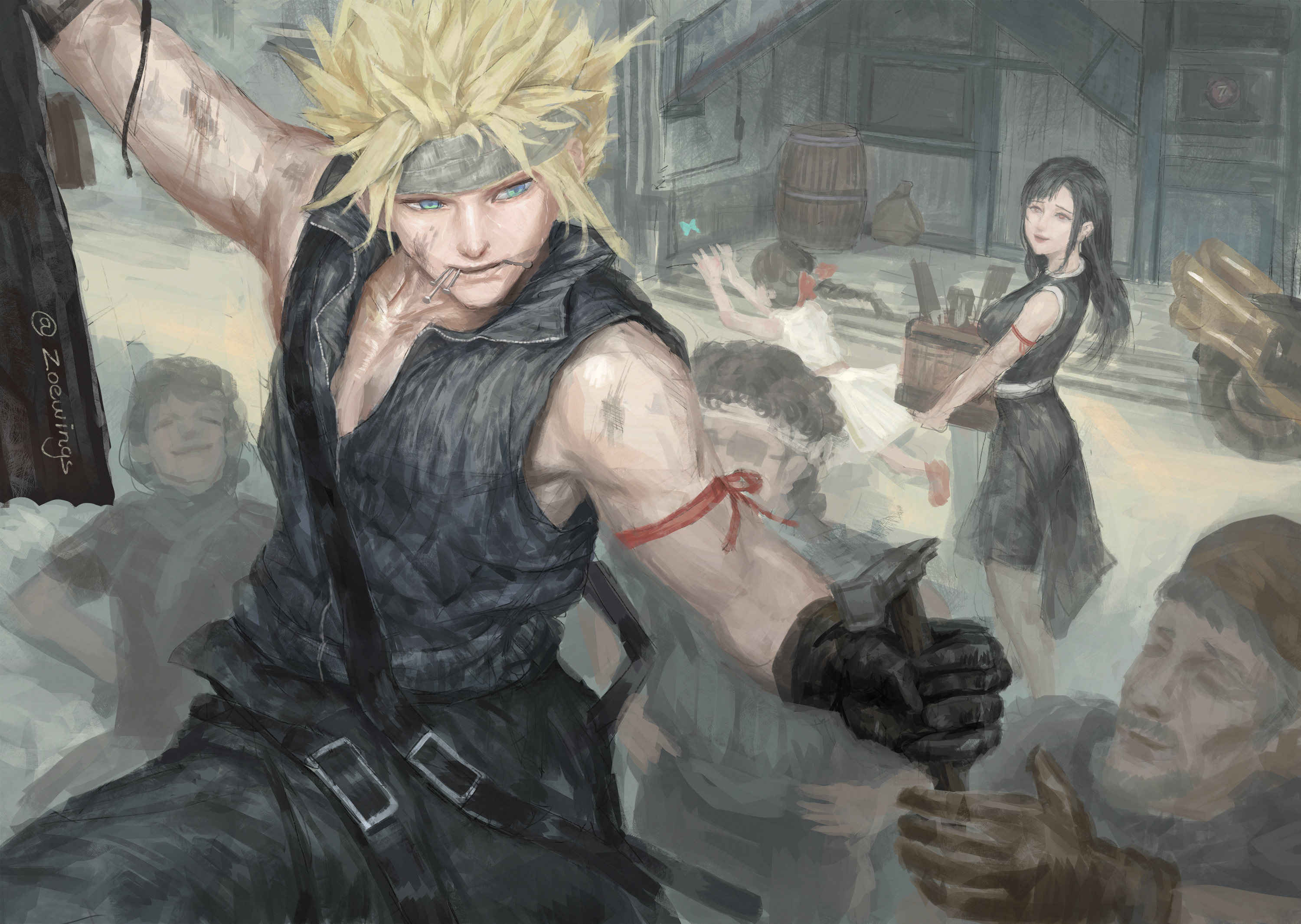 zoewingsz, cloud strife, marlene wallace, tifa lockhart, final fantasy, final fantasy vii, final fantasy vii: advent children, commentary, english commentary, highres, 3girls, 4boys, apron, arm up, bare shoulders, belt buckle, black apron, black gloves, black hair, black pants, black shirt, black shorts, black vest, blonde hair, blue butterfly, blue eyes, box, breasts, buckle, bug, building, butterfly, collarbone, dirty, dirty face, fenrir (vehicle), gloves, hammer, headband, holding, holding box, holding hammer, house, insect, large breasts, long hair, looking at another, mouth hold, multiple boys, multiple girls, outdoors, pants, red ribbon, repairing, ribbon, shirt, short hair, shorts, sleeveless, sleeveless shirt, spiked hair, twitter username, vest, waist apron