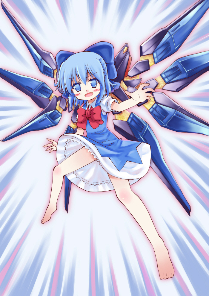 nean, cirno, strike freedom gundam, gundam, gundam seed, gundam seed destiny, touhou, bad id, bad pixiv id, barefoot, blue eyes, blue hair, bow, feet, parody, short hair, solo, wings