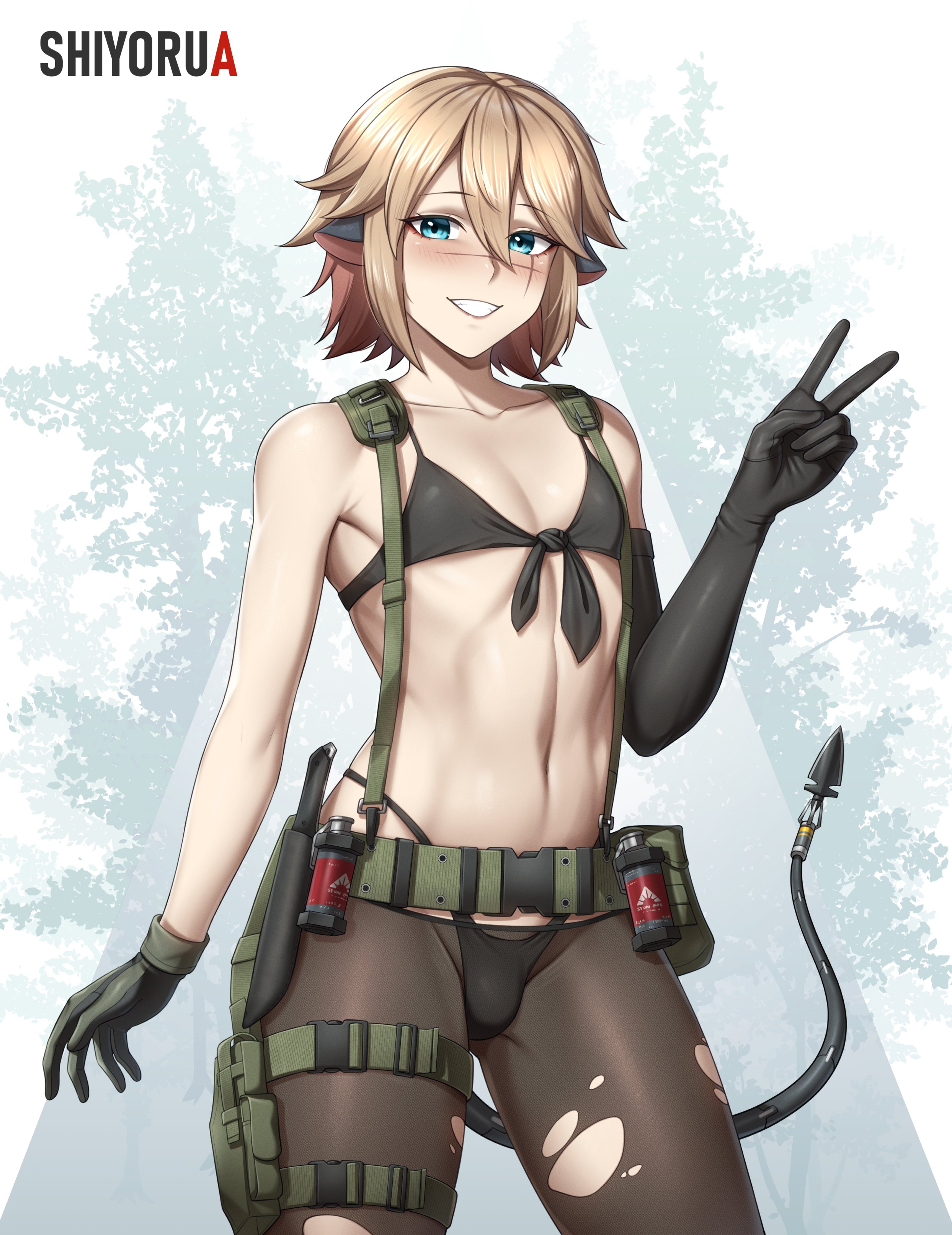 zxpfer, shiyorua (vtuber), indie virtual youtuber, absurdres, commentary, english commentary, highres, second-party source, 1boy, animal ears, belt, bikini, black bikini, black tail, blonde hair, blue eyes, blush, brown pantyhose, bulge, character name, clenched teeth, collarbone, cowboy shot, elbow gloves, flashbang, gloves, green belt, green gloves, hair between eyes, linea alba, looking at viewer, medium hair, navel, open mouth, pantyhose, scar, scar on face, single elbow glove, solo, swimsuit, teeth, thick thighs, thighs, torn clothes, torn pantyhose, trap, v, virtual youtuber